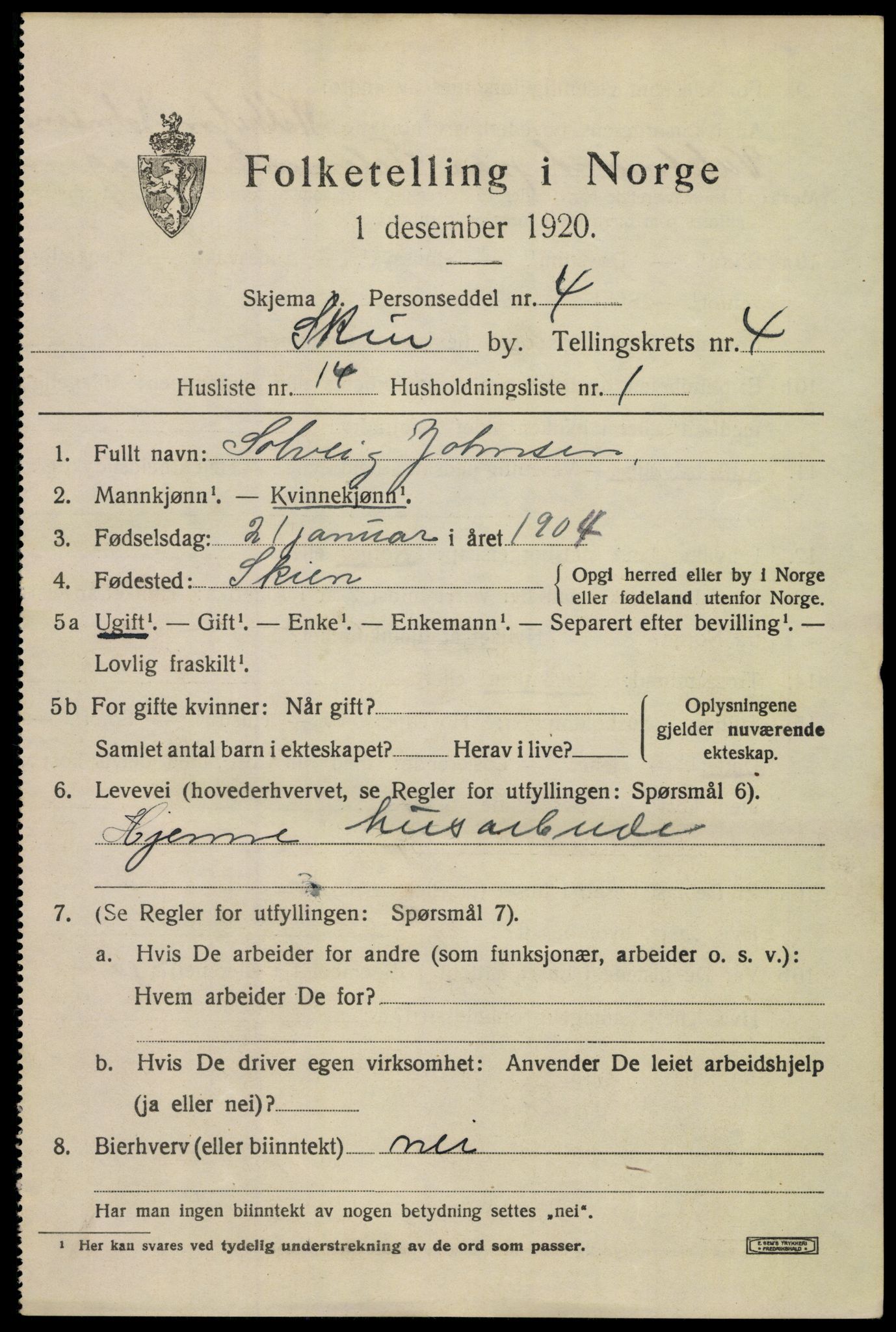 SAKO, 1920 census for Skien, 1920, p. 16860