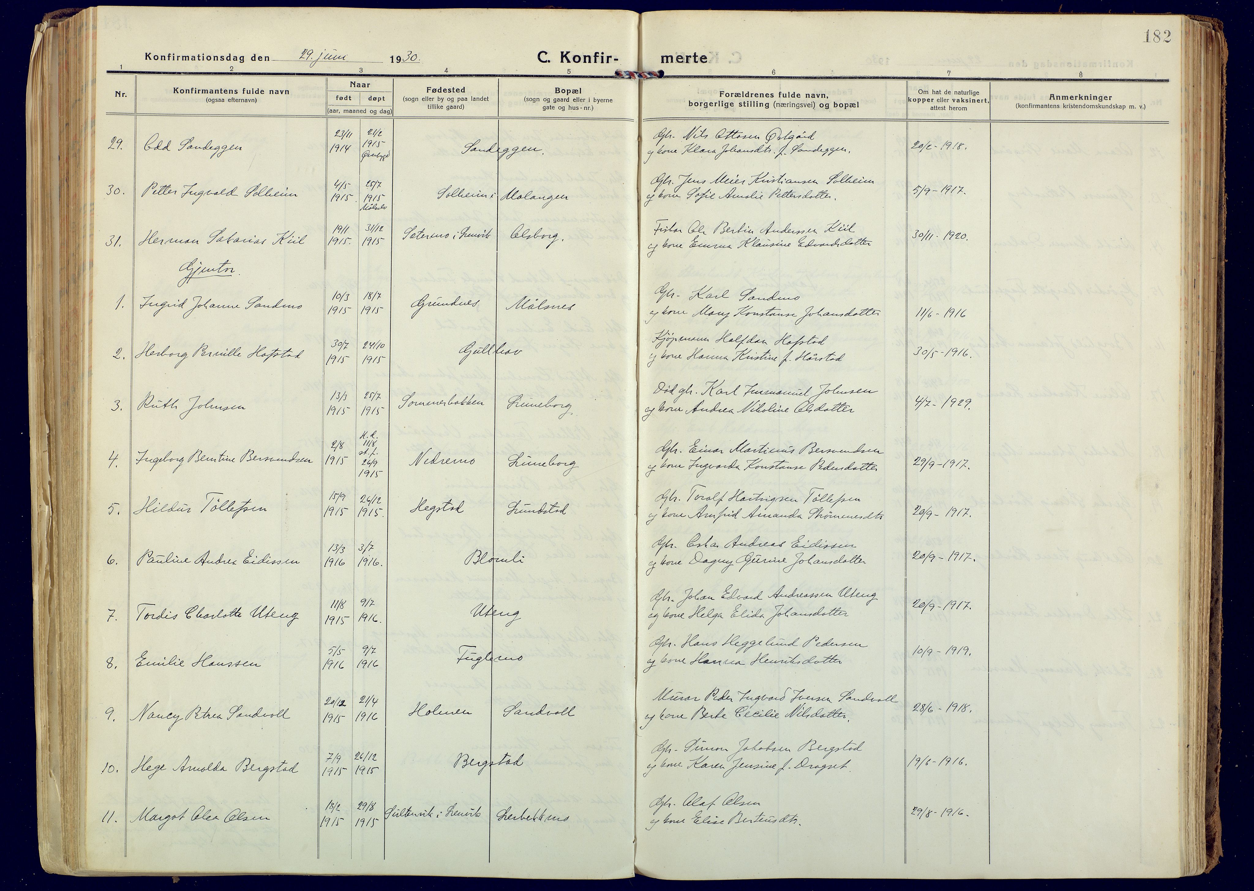 Målselv sokneprestembete, AV/SATØ-S-1311/G/Ga/Gaa/L0014kirke: Parish register (official) no. 14, 1919-1932, p. 182