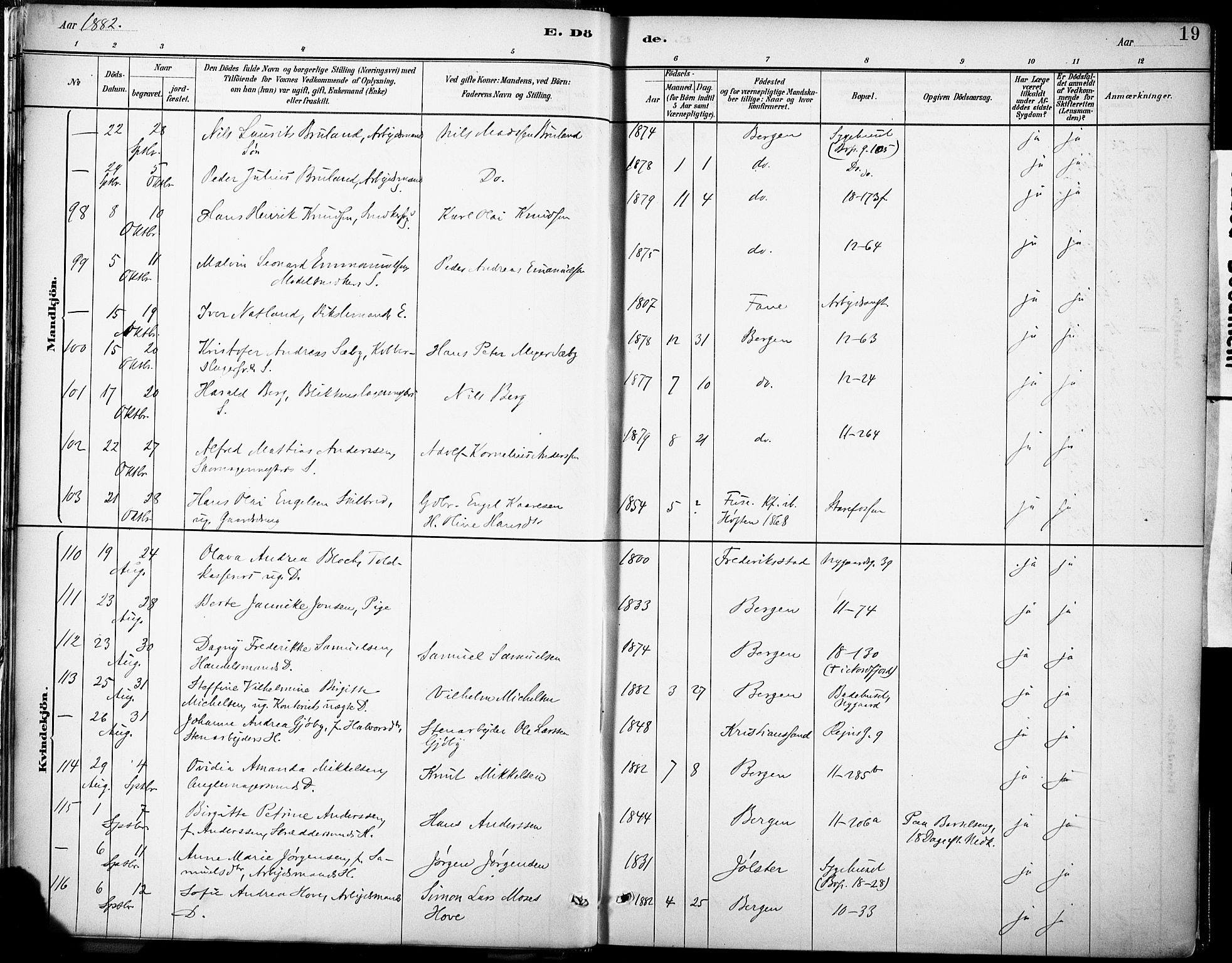 Domkirken sokneprestembete, AV/SAB-A-74801/H/Haa/L0043: Parish register (official) no. E 5, 1882-1904, p. 19