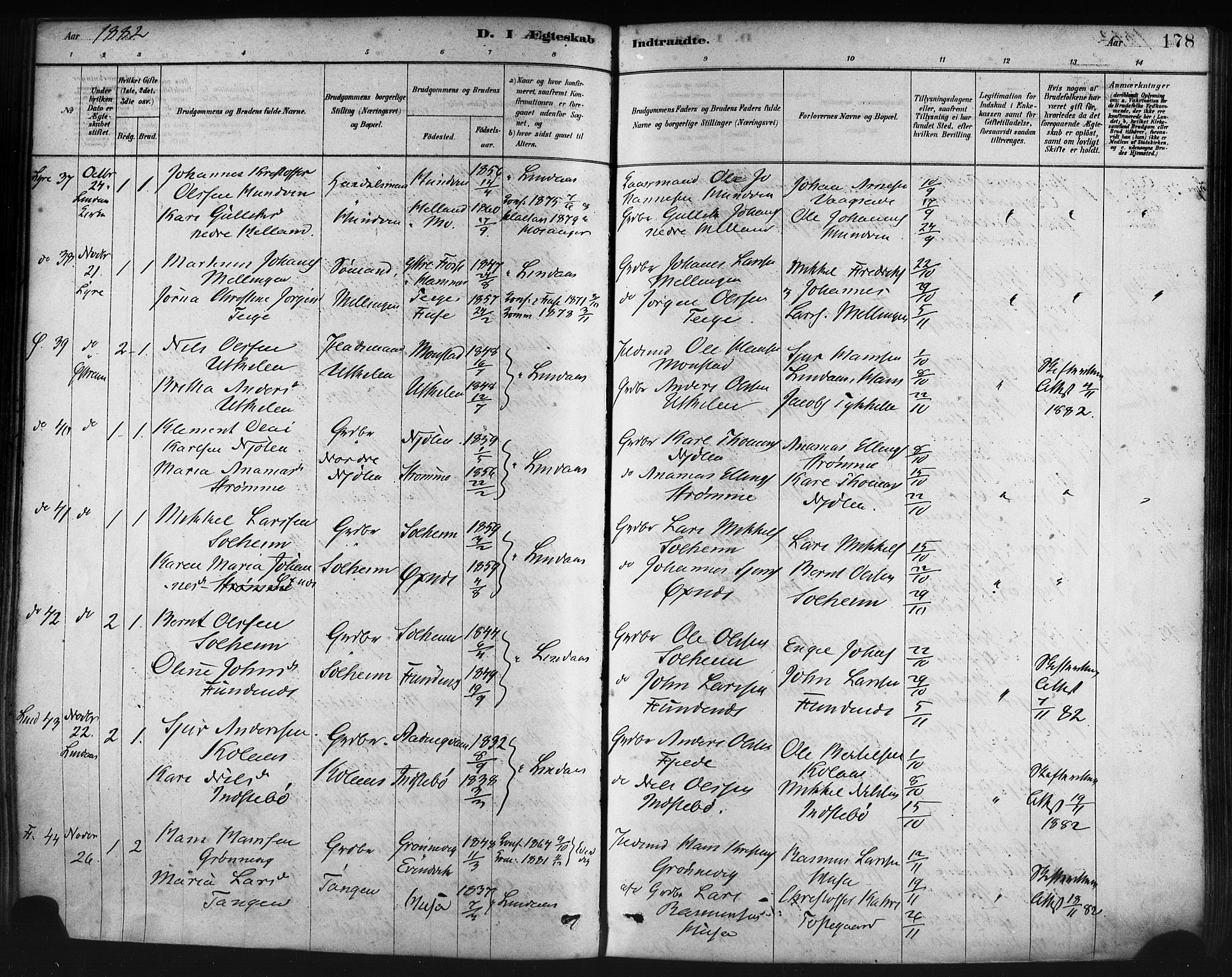 Lindås Sokneprestembete, AV/SAB-A-76701/H/Haa/Haaa/L0019: Parish register (official) no. A 19, 1878-1912, p. 178