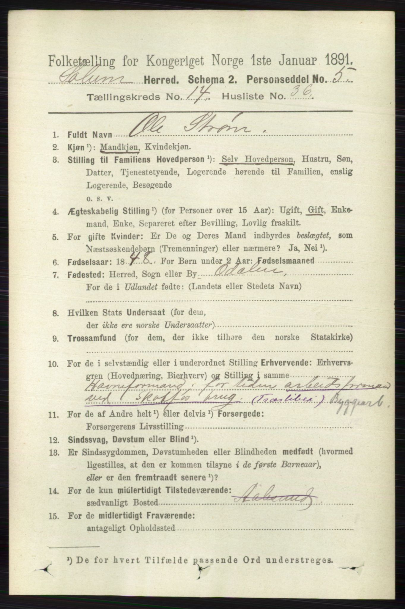 RA, 1891 census for 0818 Solum, 1891, p. 6611