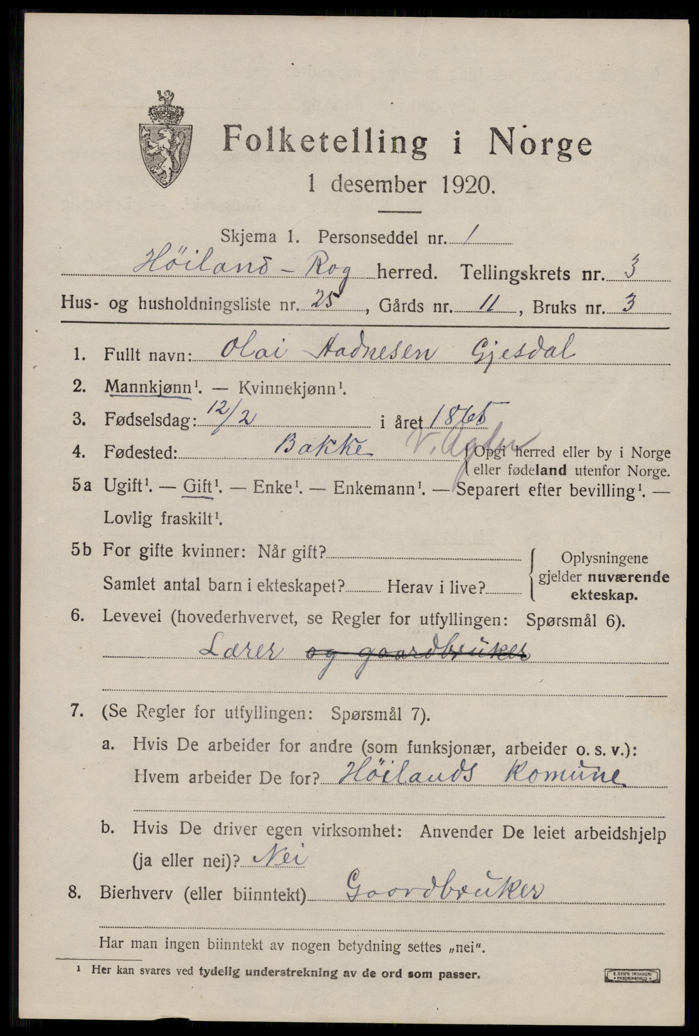 SAST, 1920 census for Høyland, 1920, p. 3260