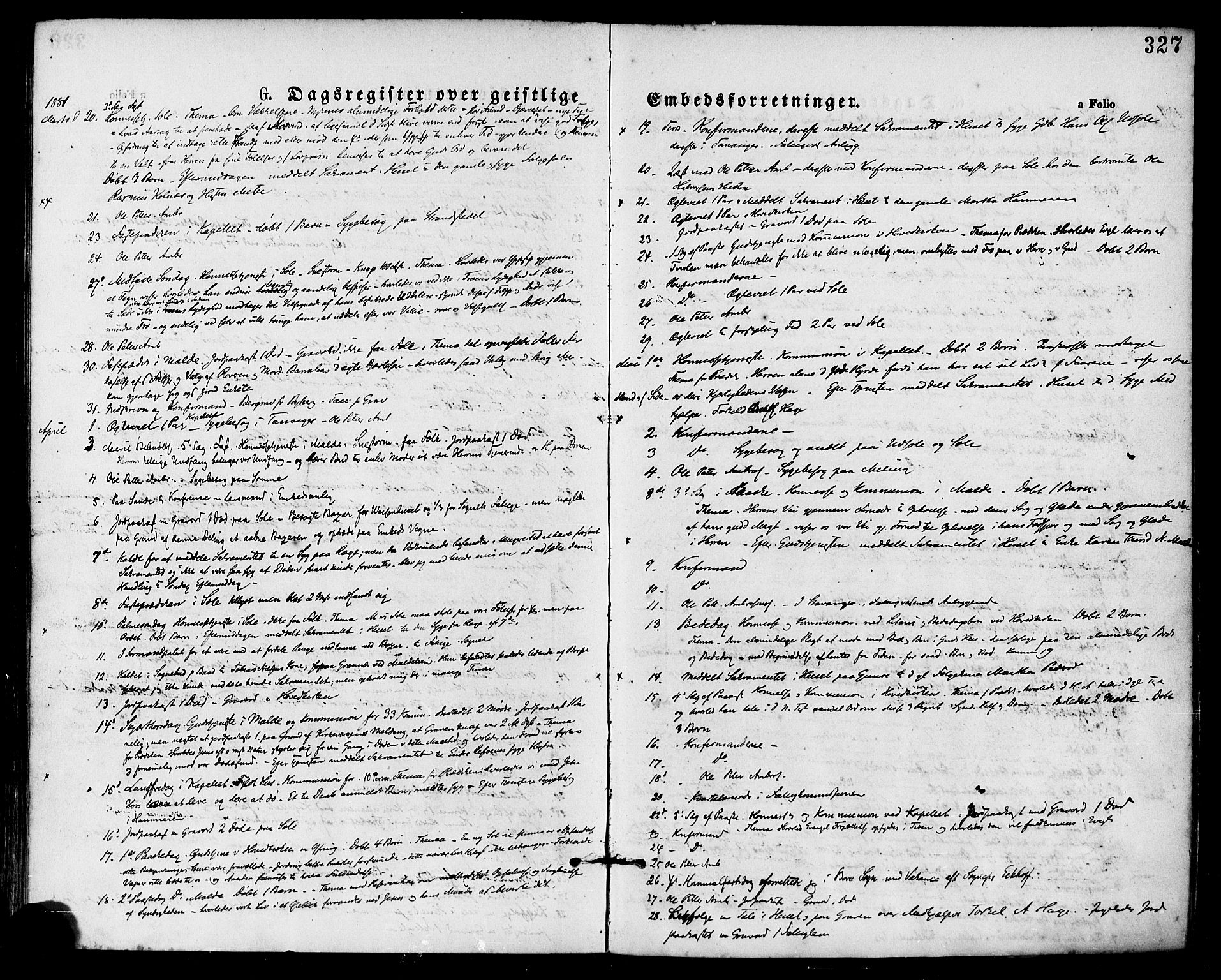 Håland sokneprestkontor, AV/SAST-A-101802/001/30BA/L0009: Parish register (official) no. A 8, 1871-1882, p. 327