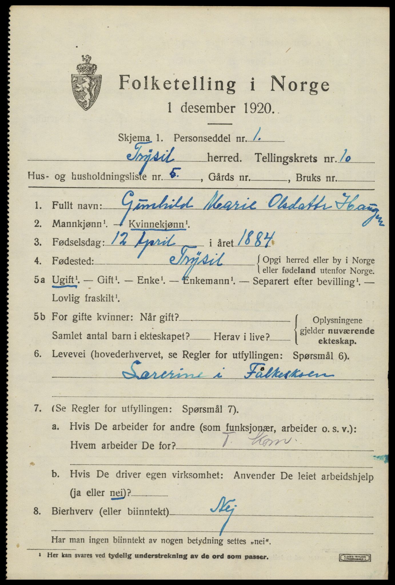 SAH, 1920 census for Trysil, 1920, p. 6911