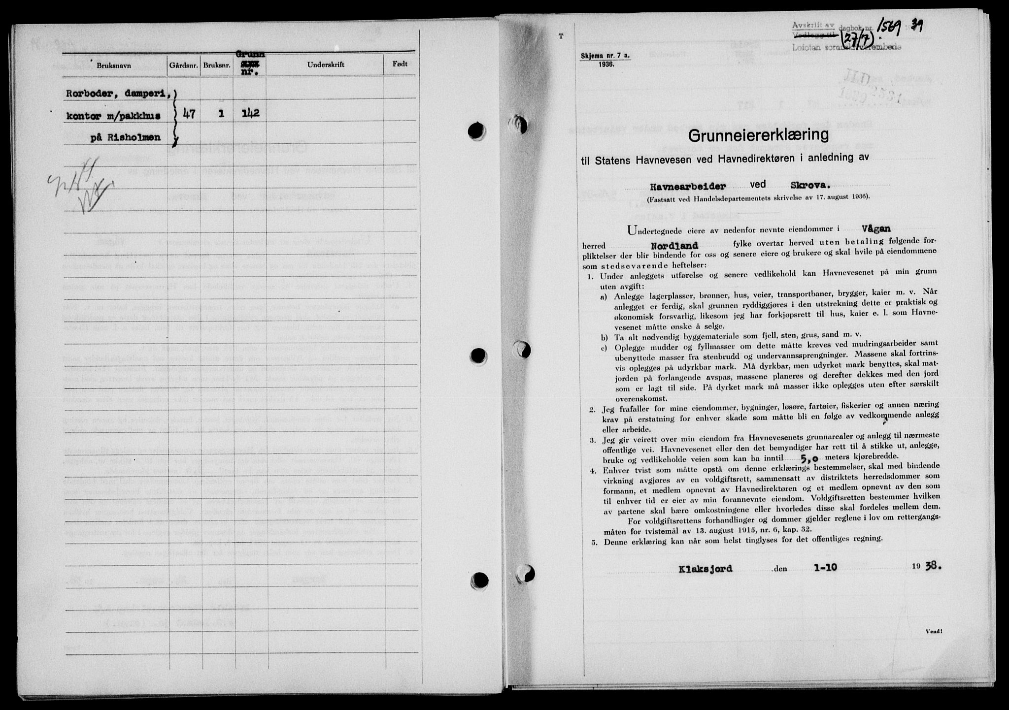 Lofoten sorenskriveri, SAT/A-0017/1/2/2C/L0006a: Mortgage book no. 6a, 1939-1939, Diary no: : 1569/1939