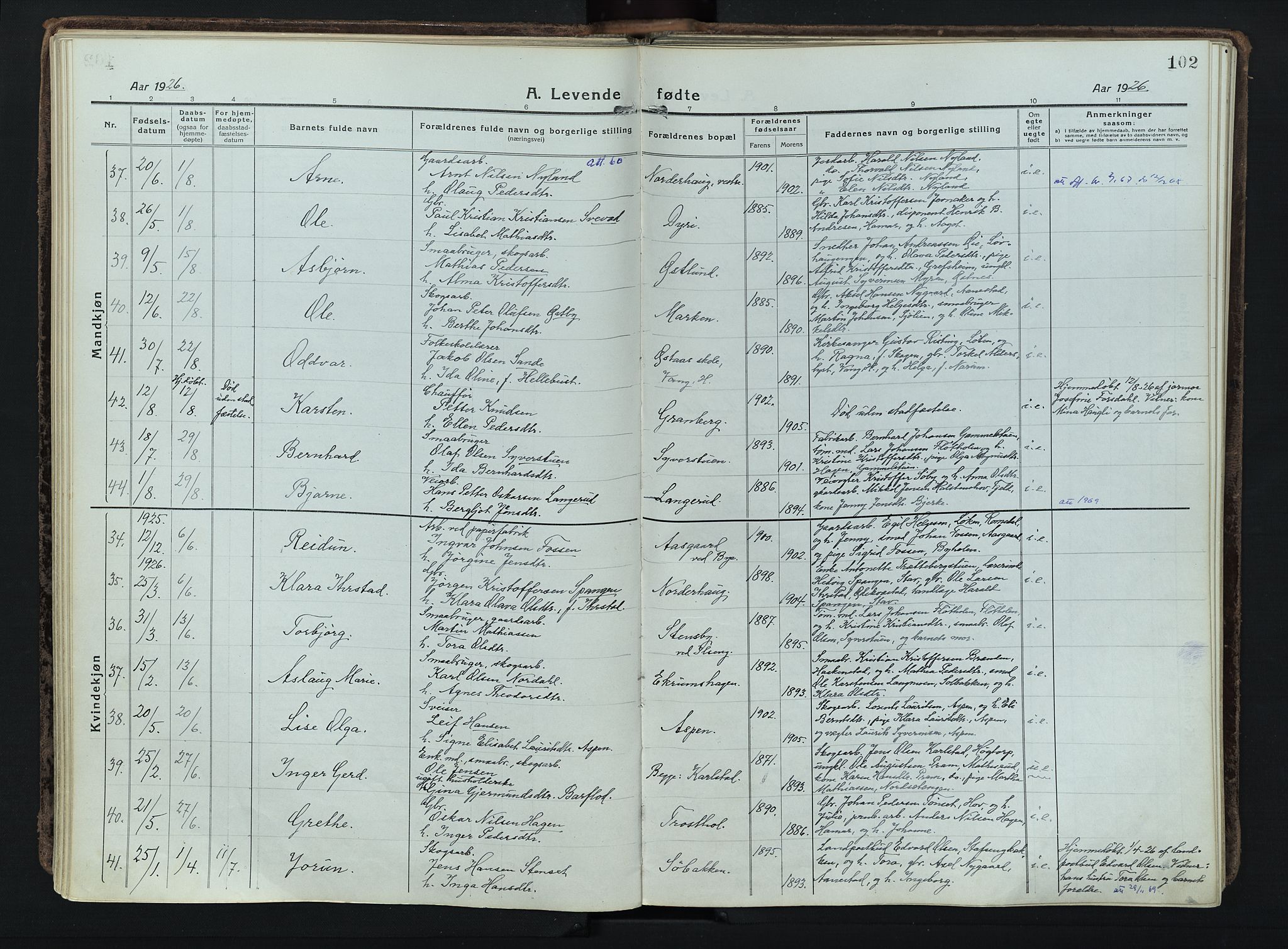 Løten prestekontor, AV/SAH-PREST-022/K/Ka/L0012: Parish register (official) no. 12, 1918-1926, p. 102