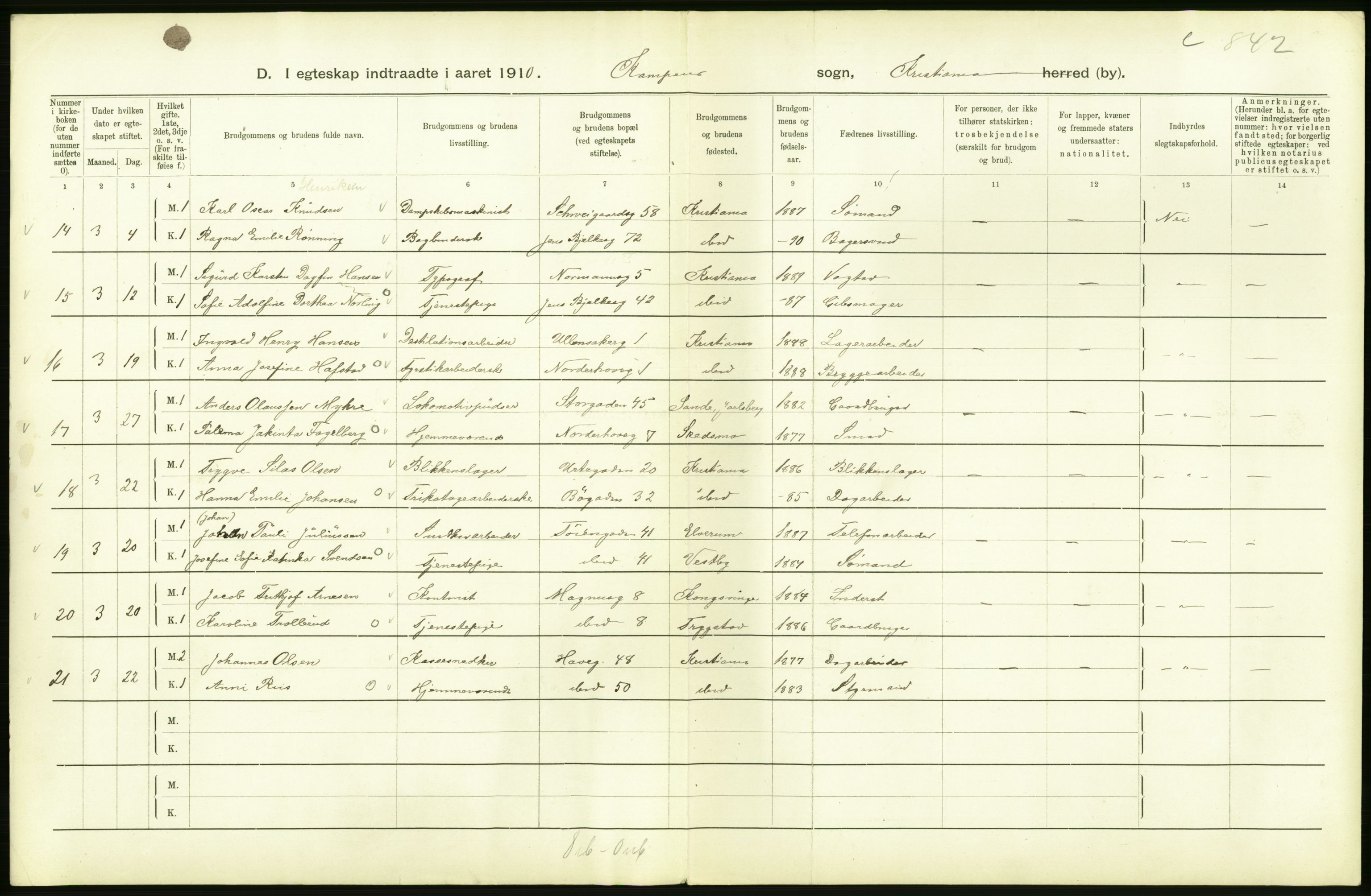 Statistisk sentralbyrå, Sosiodemografiske emner, Befolkning, AV/RA-S-2228/D/Df/Dfa/Dfah/L0009: Kristiania: Gifte og dødfødte., 1910, p. 110