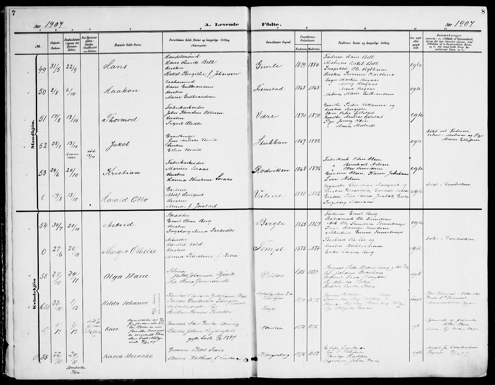 Ministerialprotokoller, klokkerbøker og fødselsregistre - Sør-Trøndelag, AV/SAT-A-1456/607/L0320: Parish register (official) no. 607A04, 1907-1915, p. 7-8