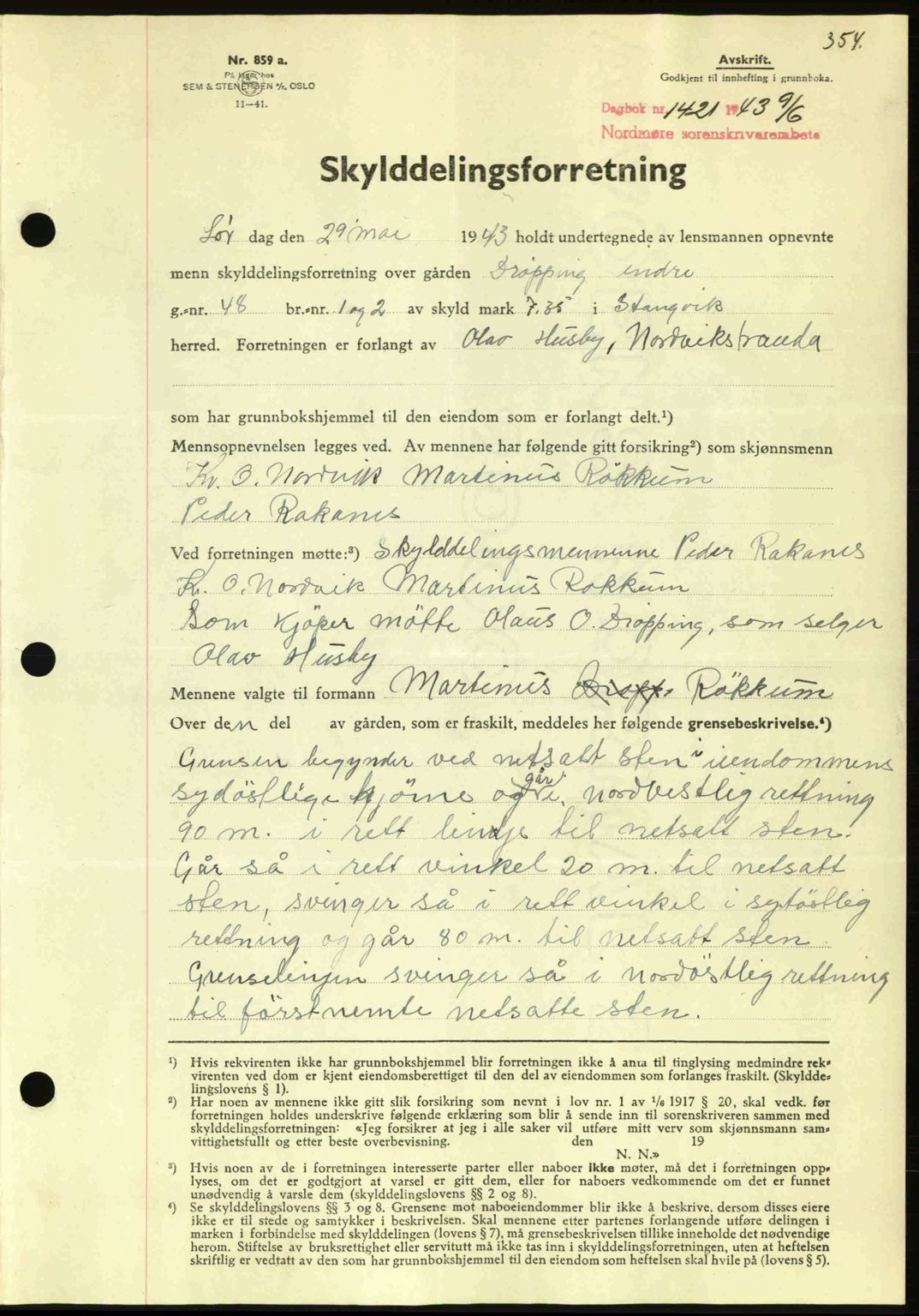 Nordmøre sorenskriveri, AV/SAT-A-4132/1/2/2Ca: Mortgage book no. A95, 1943-1943, Diary no: : 1421/1943