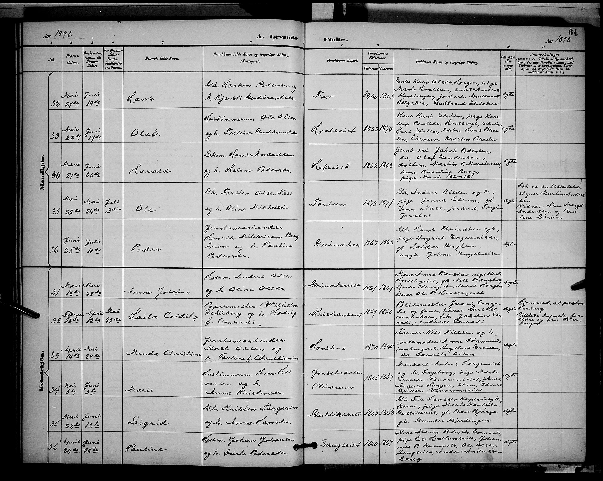 Gran prestekontor, AV/SAH-PREST-112/H/Ha/Hab/L0005: Parish register (copy) no. 5, 1892-1900, p. 64