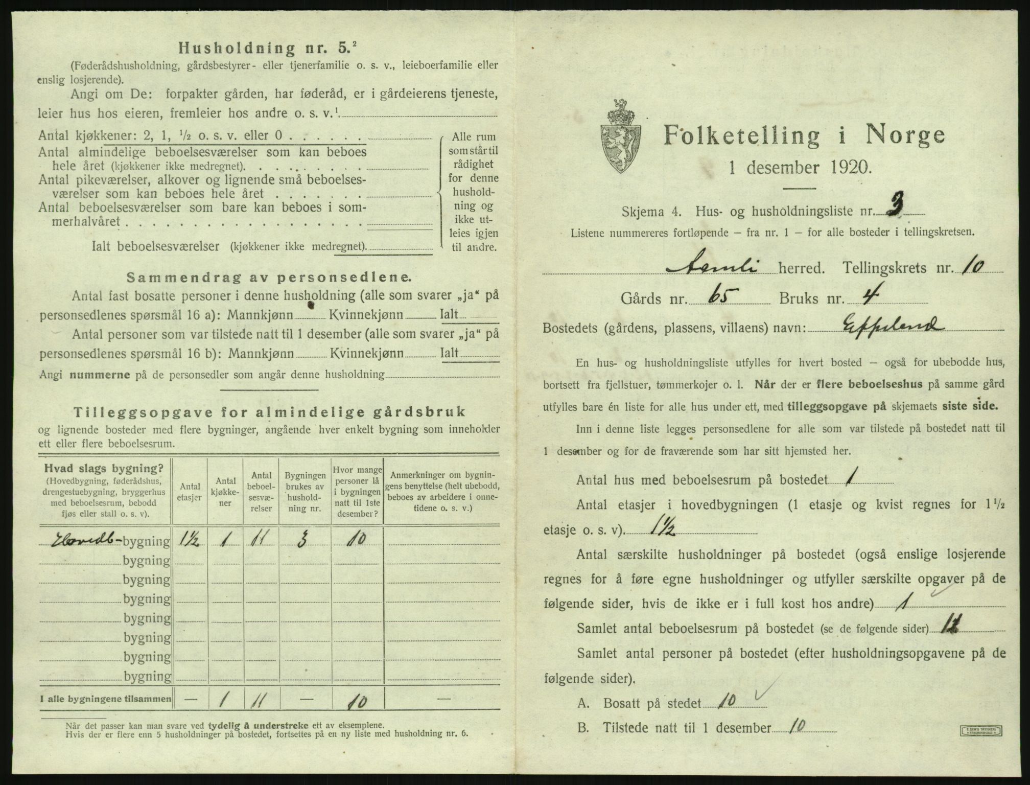 SAK, 1920 census for Åmli, 1920, p. 565