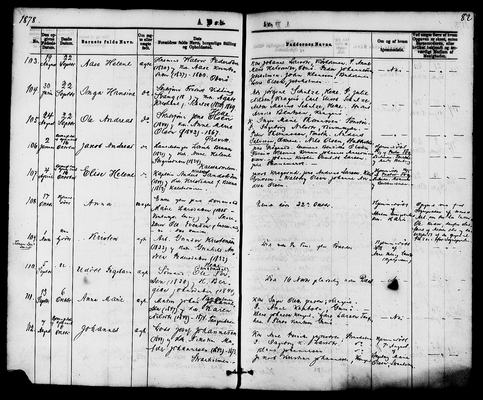 Skåtøy kirkebøker, AV/SAKO-A-304/F/Fa/L0001: Parish register (official) no. I 1, 1874-1883, p. 82