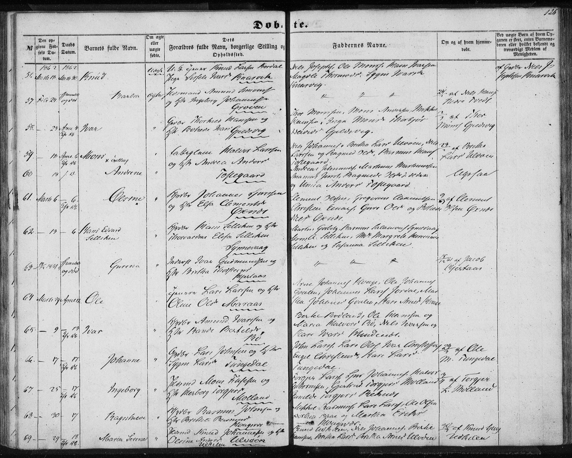 Lindås Sokneprestembete, SAB/A-76701/H/Haa: Parish register (official) no. A 11, 1854-1869, p. 126