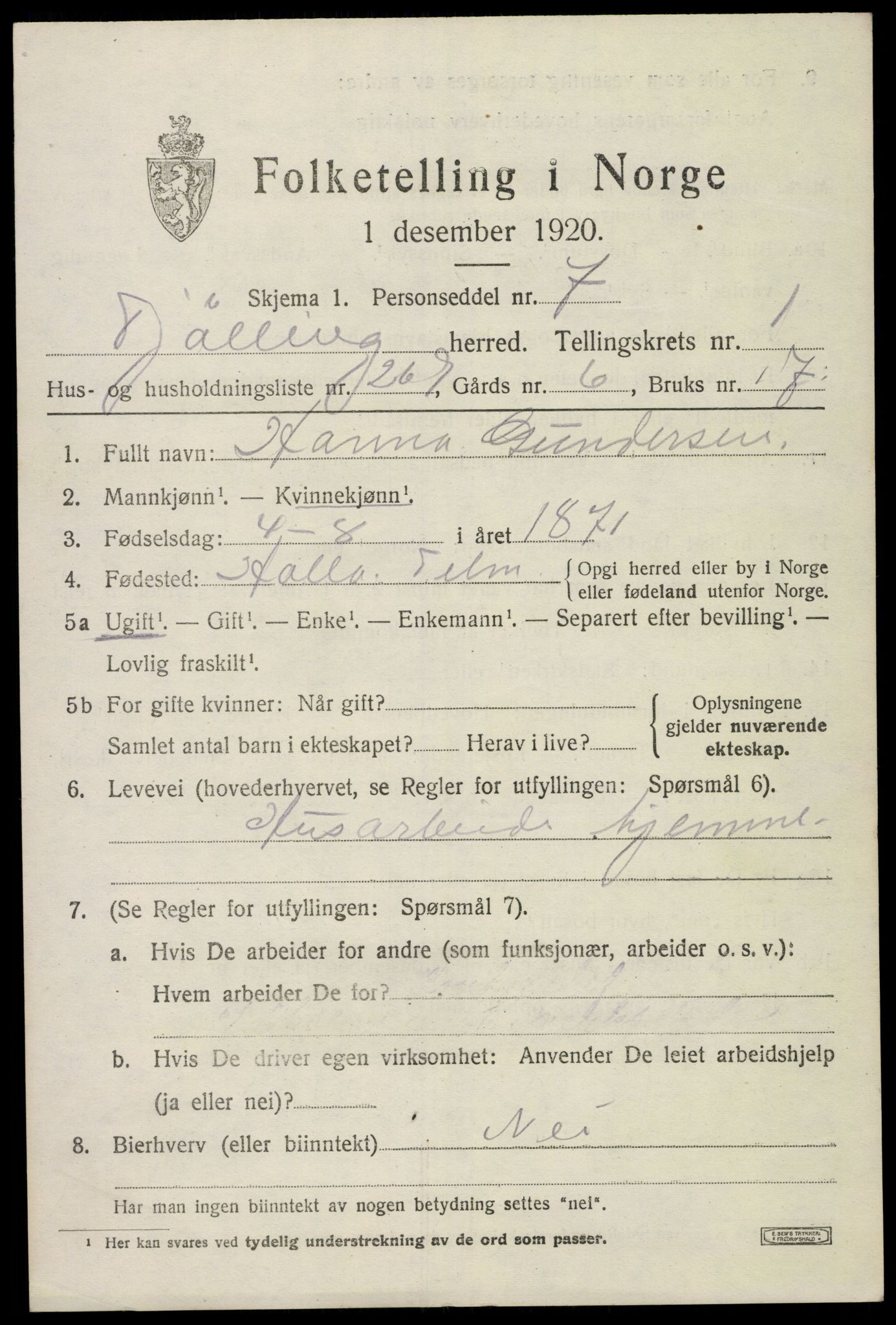 SAKO, 1920 census for Tjølling, 1920, p. 4721