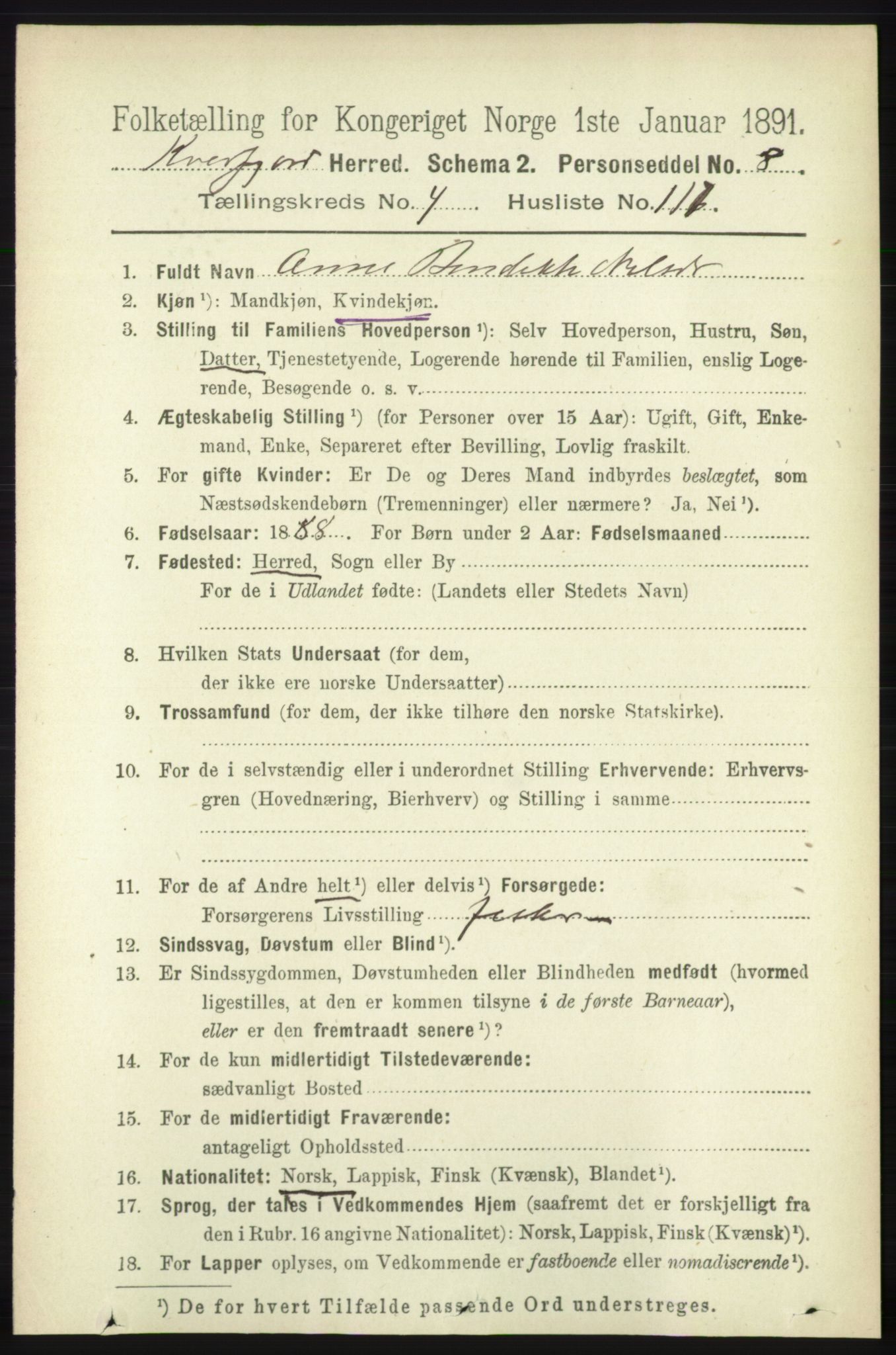 RA, 1891 census for 1911 Kvæfjord, 1891, p. 2646
