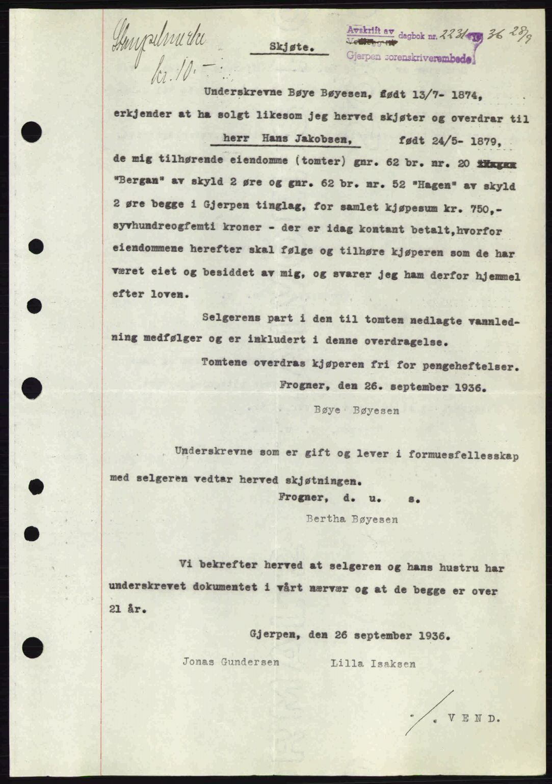 Gjerpen sorenskriveri, SAKO/A-216/G/Ga/Gae/L0067: Mortgage book no. A-66 - A-68, 1936-1937, Diary no: : 2231/1936