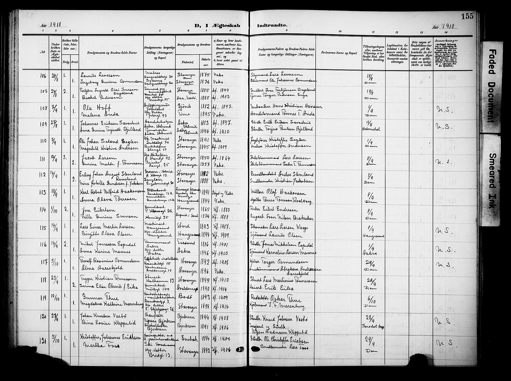 Domkirken sokneprestkontor, AV/SAST-A-101812/001/30/30BB/L0017: Parish register (copy) no. B 17, 1902-1921, p. 155