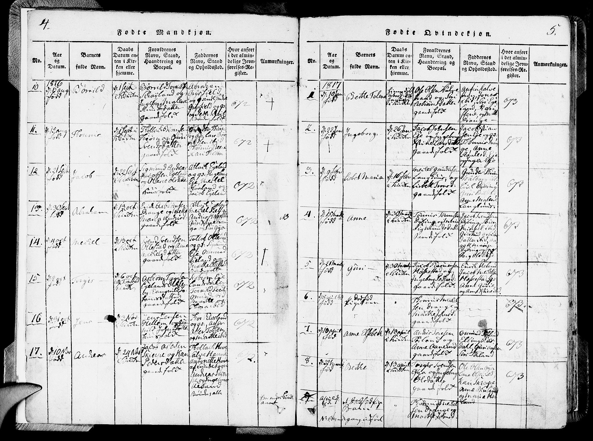 Lund sokneprestkontor, SAST/A-101809/S06/L0006: Parish register (official) no. A 6, 1816-1839, p. 4-5