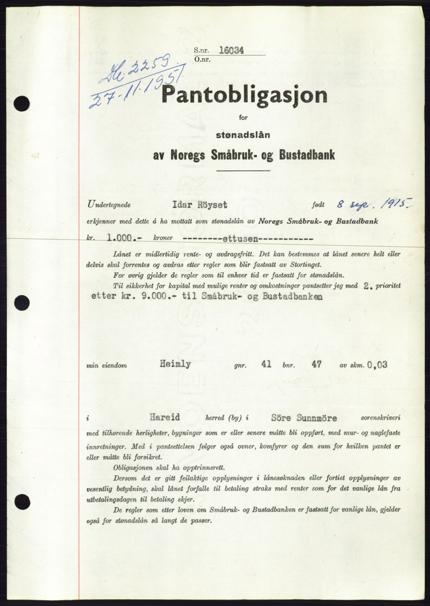Søre Sunnmøre sorenskriveri, AV/SAT-A-4122/1/2/2C/L0120: Mortgage book no. 8B, 1951-1951, Diary no: : 2259/1951