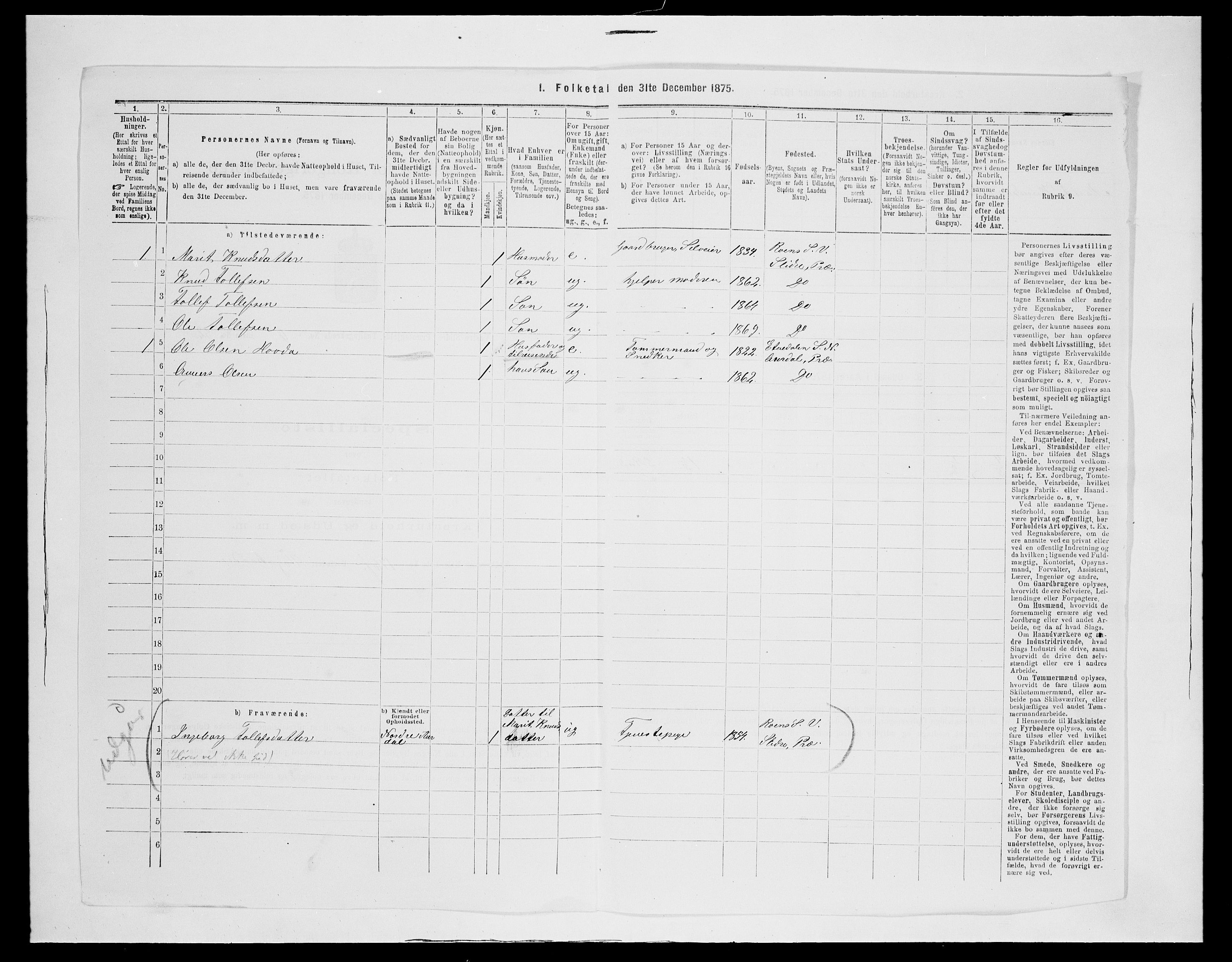 SAH, 1875 census for 0543P Vestre Slidre, 1875, p. 872