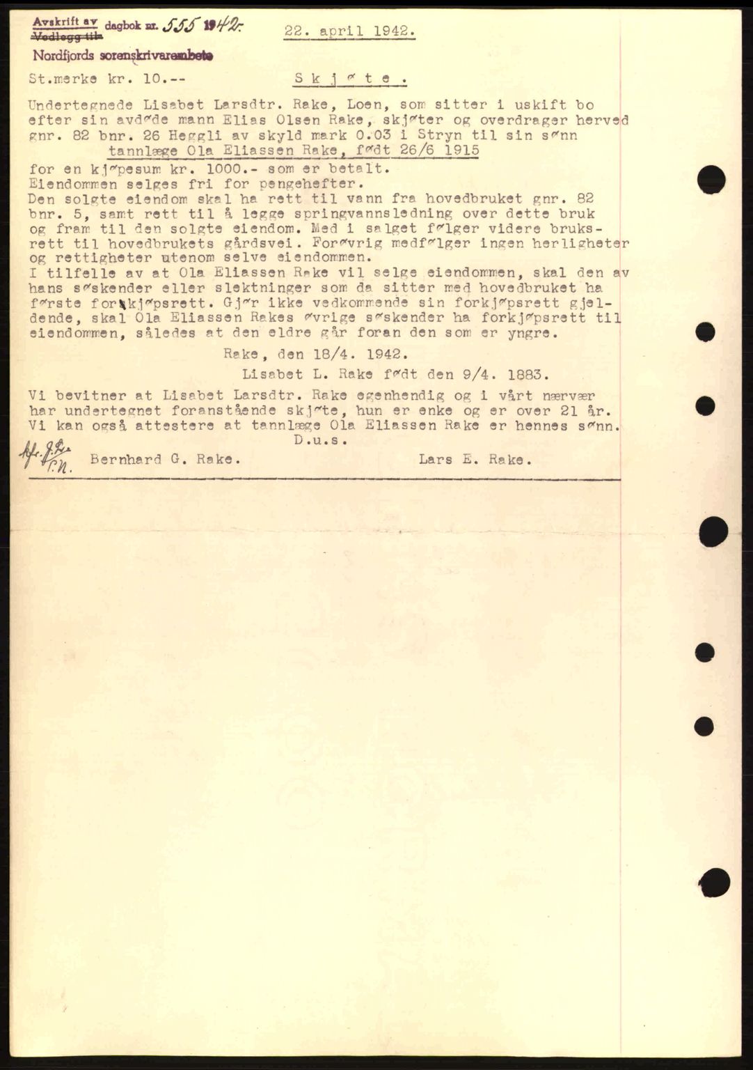 Nordfjord sorenskriveri, AV/SAB-A-2801/02/02b/02bj/L0007: Mortgage book no. A7, 1941-1943, Diary no: : 554/1942