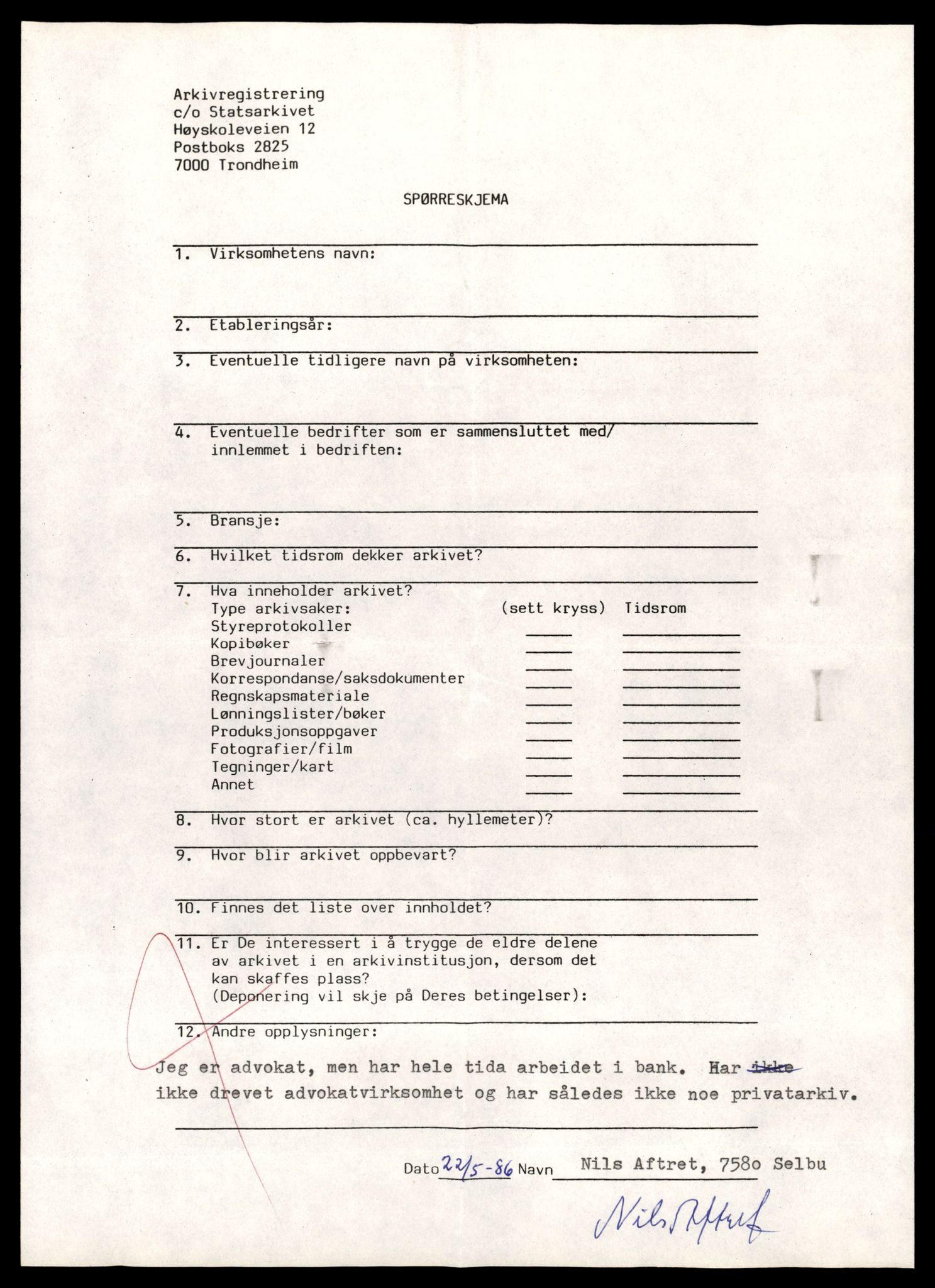 Statsarkivet i Trondheim, AV/SAT-A-4183/E/Ec/Ecb/L0005: Bedrifts-/privatarkivregistrering, 1984-1986, p. 1