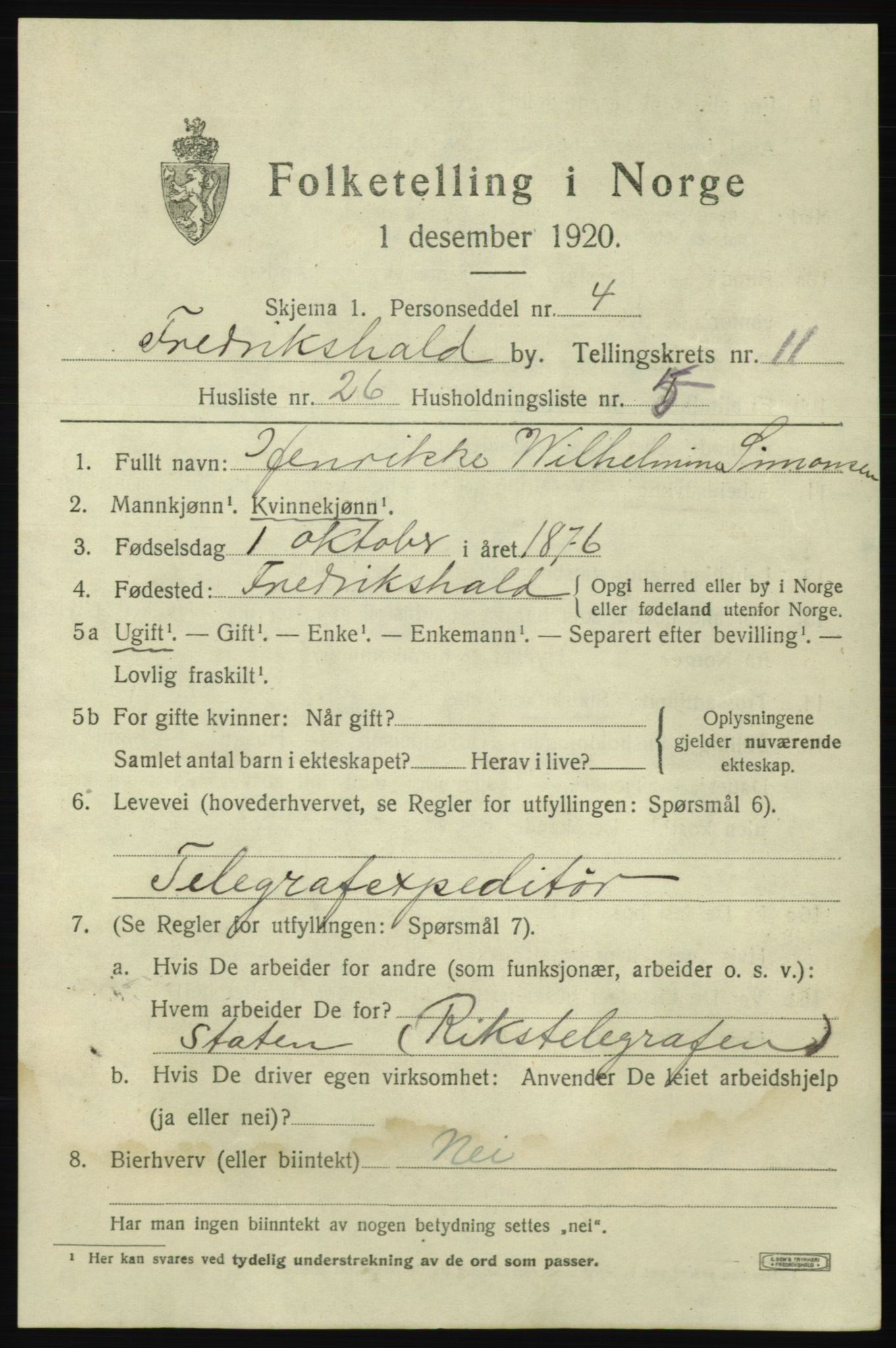 SAO, 1920 census for Fredrikshald, 1920, p. 19409