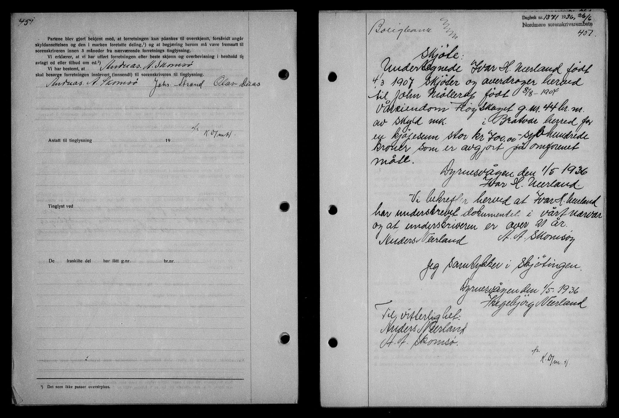 Nordmøre sorenskriveri, AV/SAT-A-4132/1/2/2Ca/L0088: Mortgage book no. 78, 1936-1936, Diary no: : 1371/1936