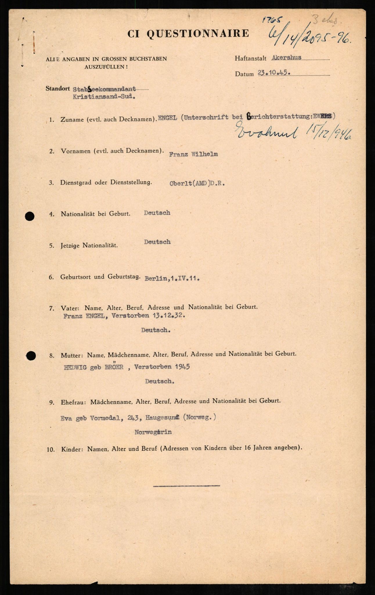 Forsvaret, Forsvarets overkommando II, AV/RA-RAFA-3915/D/Db/L0007: CI Questionaires. Tyske okkupasjonsstyrker i Norge. Tyskere., 1945-1946, p. 191