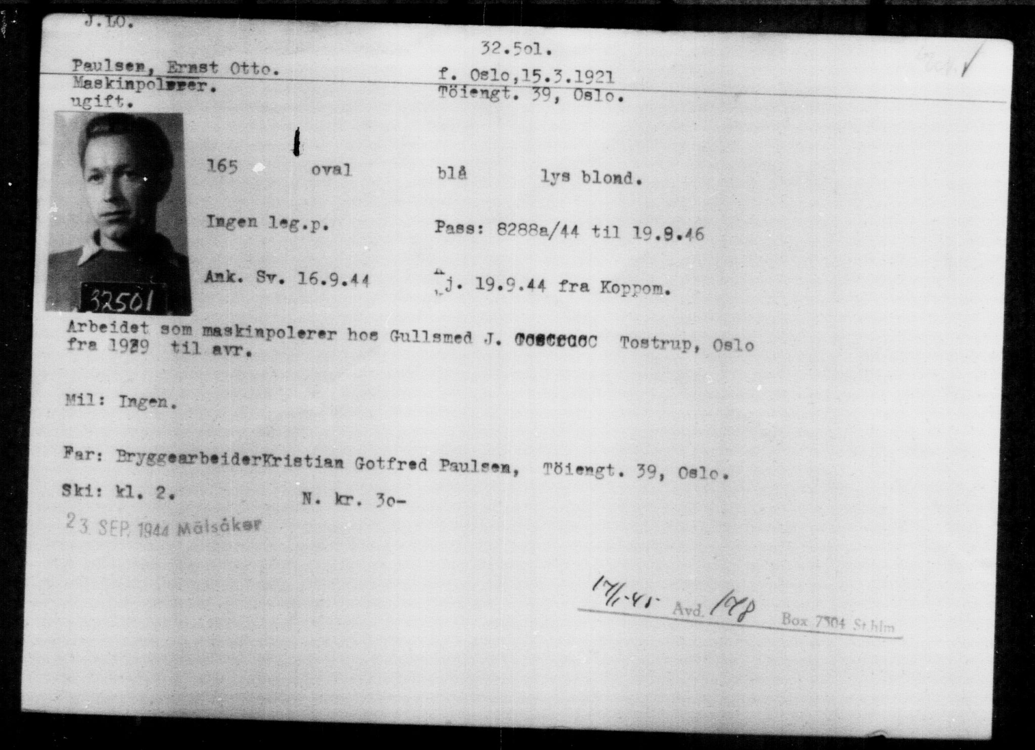 Utenriksstasjonene, Legasjonen i Stockholm, Flyktningkontoret, AV/RA-S-6753/V/Va/L0013: Kjesäterkartoteket, flyktninger med registreringsnr. 31500-34731, 1940-1945, p. 1057