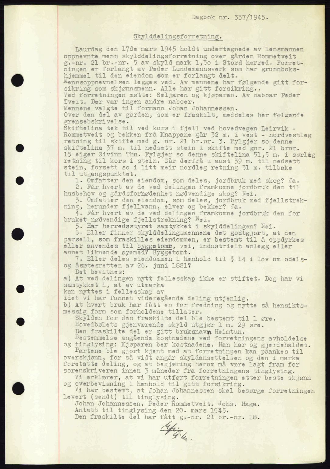 Sunnhordland sorenskrivar, AV/SAB-A-2401: Mortgage book no. A76, 1944-1945, Diary no: : 337/1945