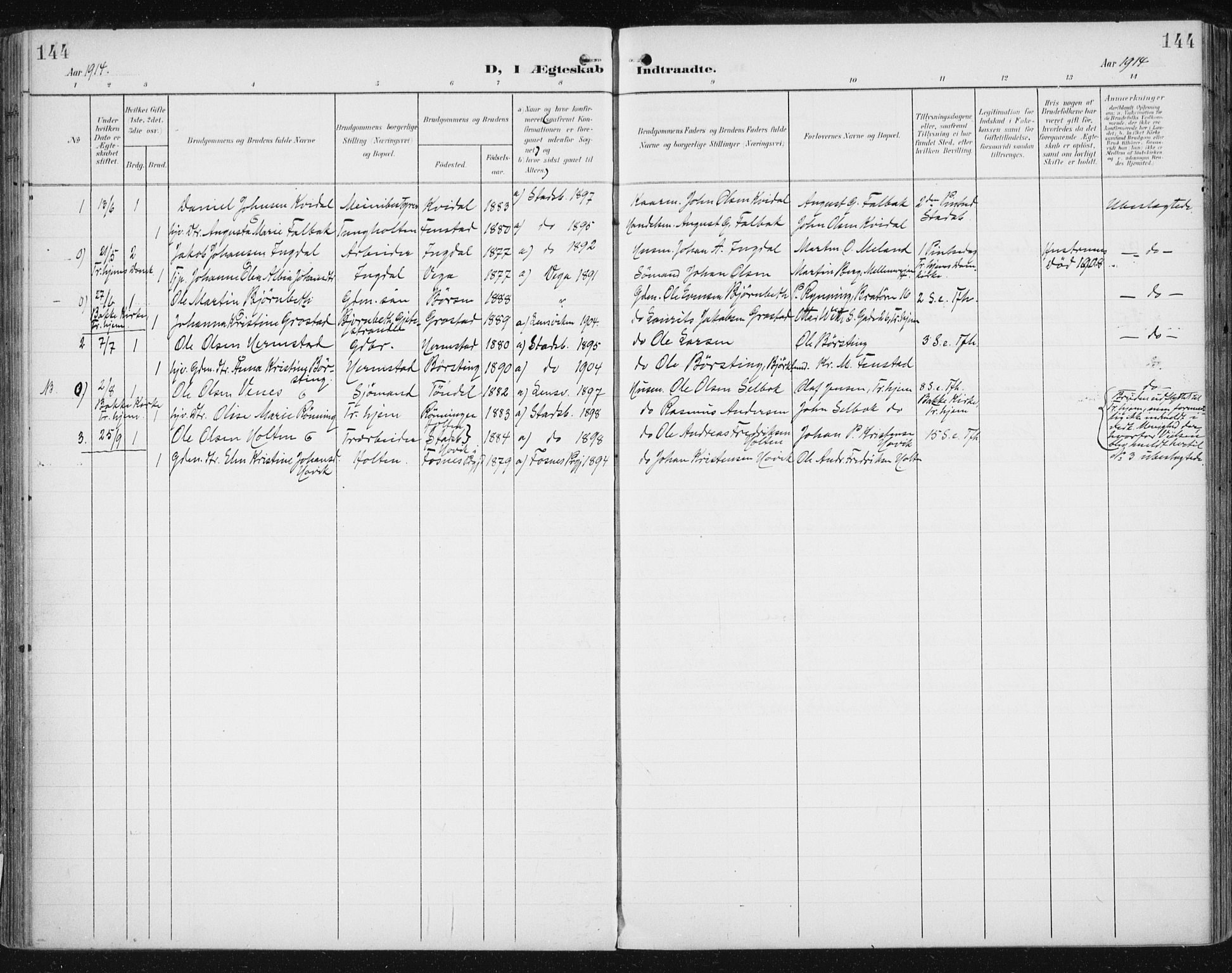 Ministerialprotokoller, klokkerbøker og fødselsregistre - Sør-Trøndelag, SAT/A-1456/646/L0616: Parish register (official) no. 646A14, 1900-1918, p. 144
