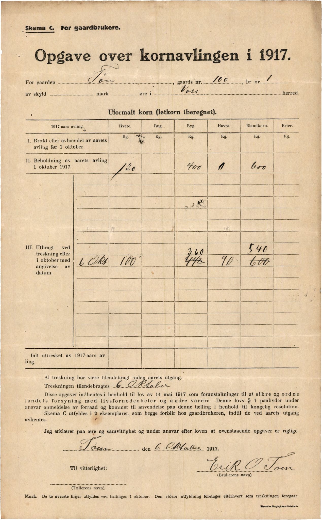 Voss kommune. Provianteringsrådet, IKAH/1235-840/F/Fa/L0001/0005: Kornteljinga. Oppgåve over gardbrukarar / Kornteljinga gnr. 100 Tøn – gnr. 140 Skiple , 1917