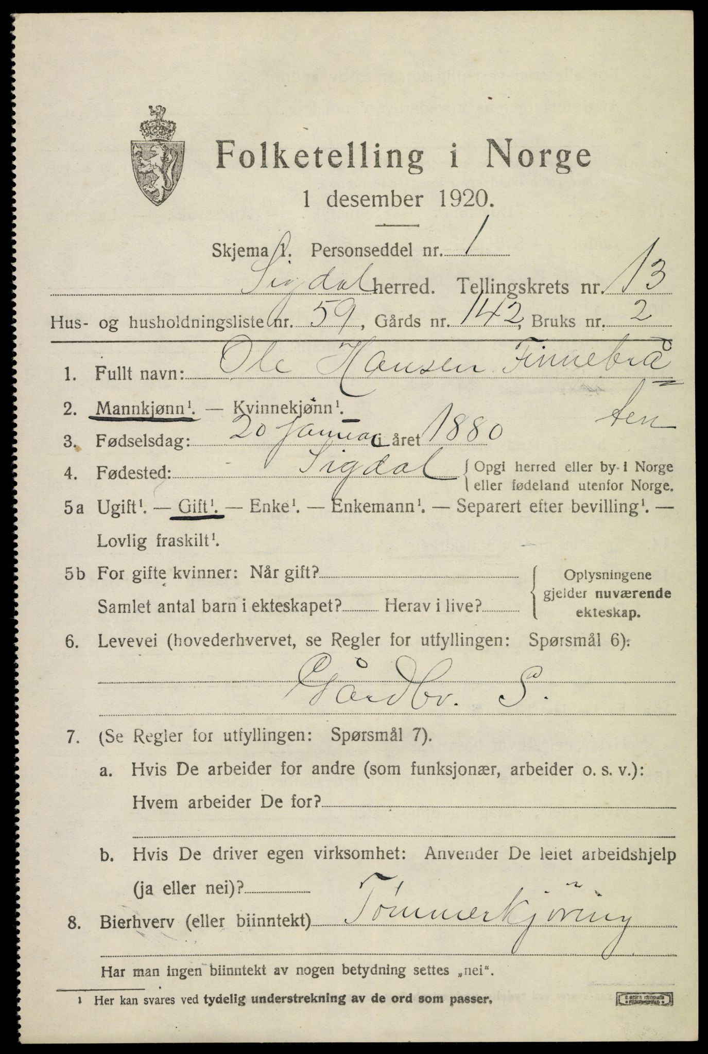 SAKO, 1920 census for Sigdal, 1920, p. 8650