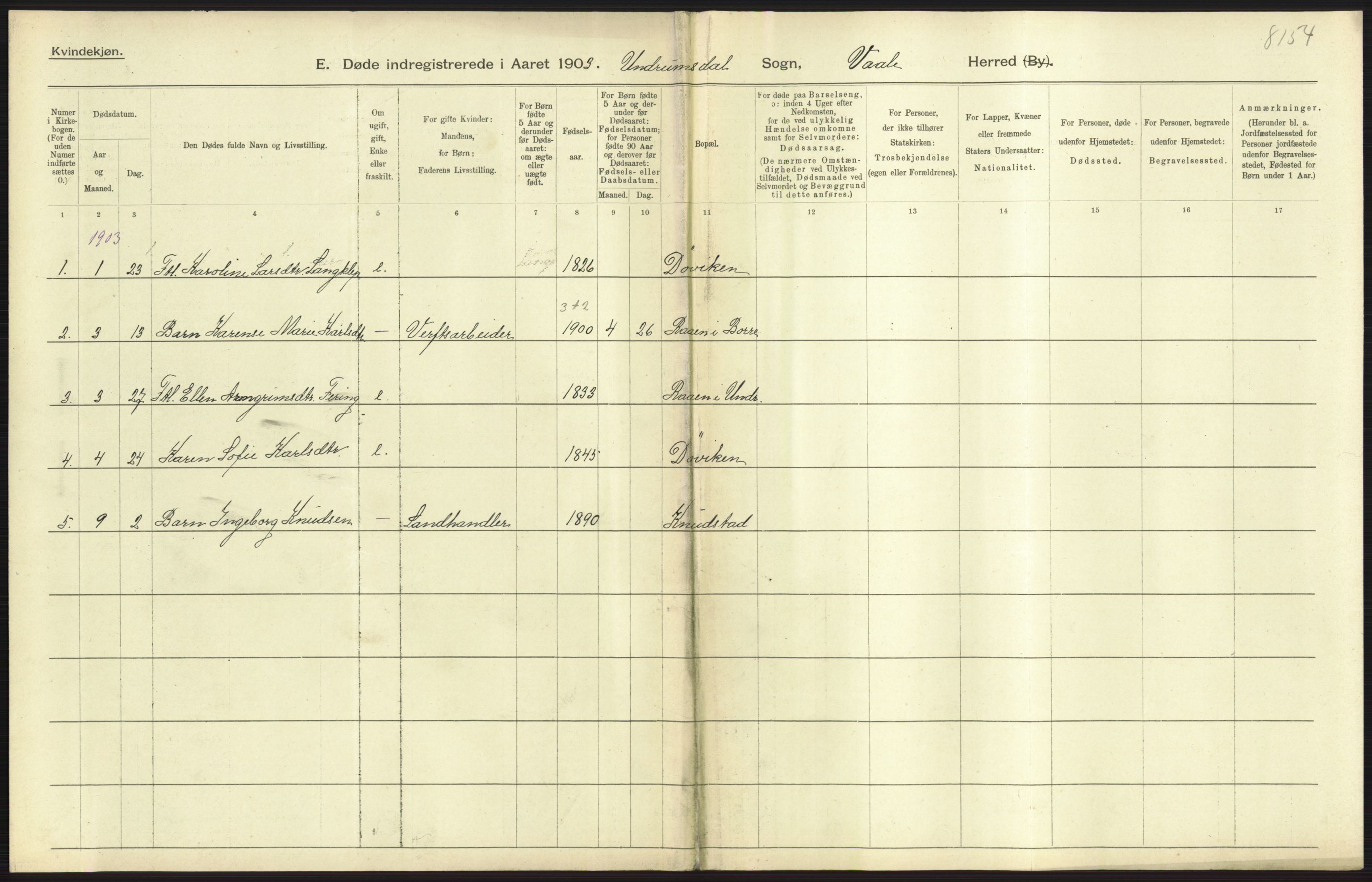 Statistisk sentralbyrå, Sosiodemografiske emner, Befolkning, RA/S-2228/D/Df/Dfa/Dfaa/L0008: Jarlsberg og Larvik amt: Fødte, gifte, døde, 1903, p. 489