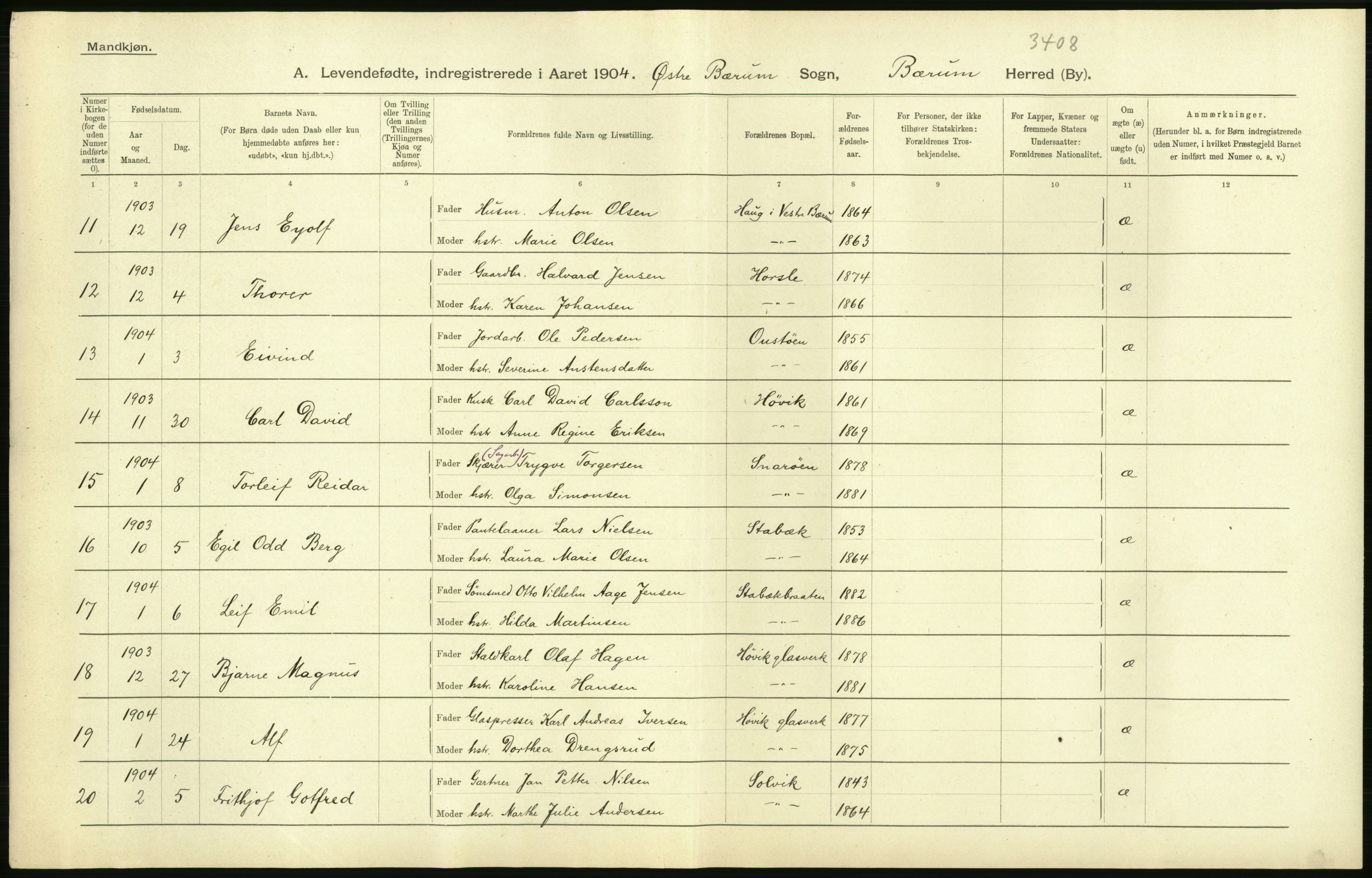 Statistisk sentralbyrå, Sosiodemografiske emner, Befolkning, AV/RA-S-2228/D/Df/Dfa/Dfab/L0002: Akershus amt: Fødte, gifte, døde, 1904, p. 38