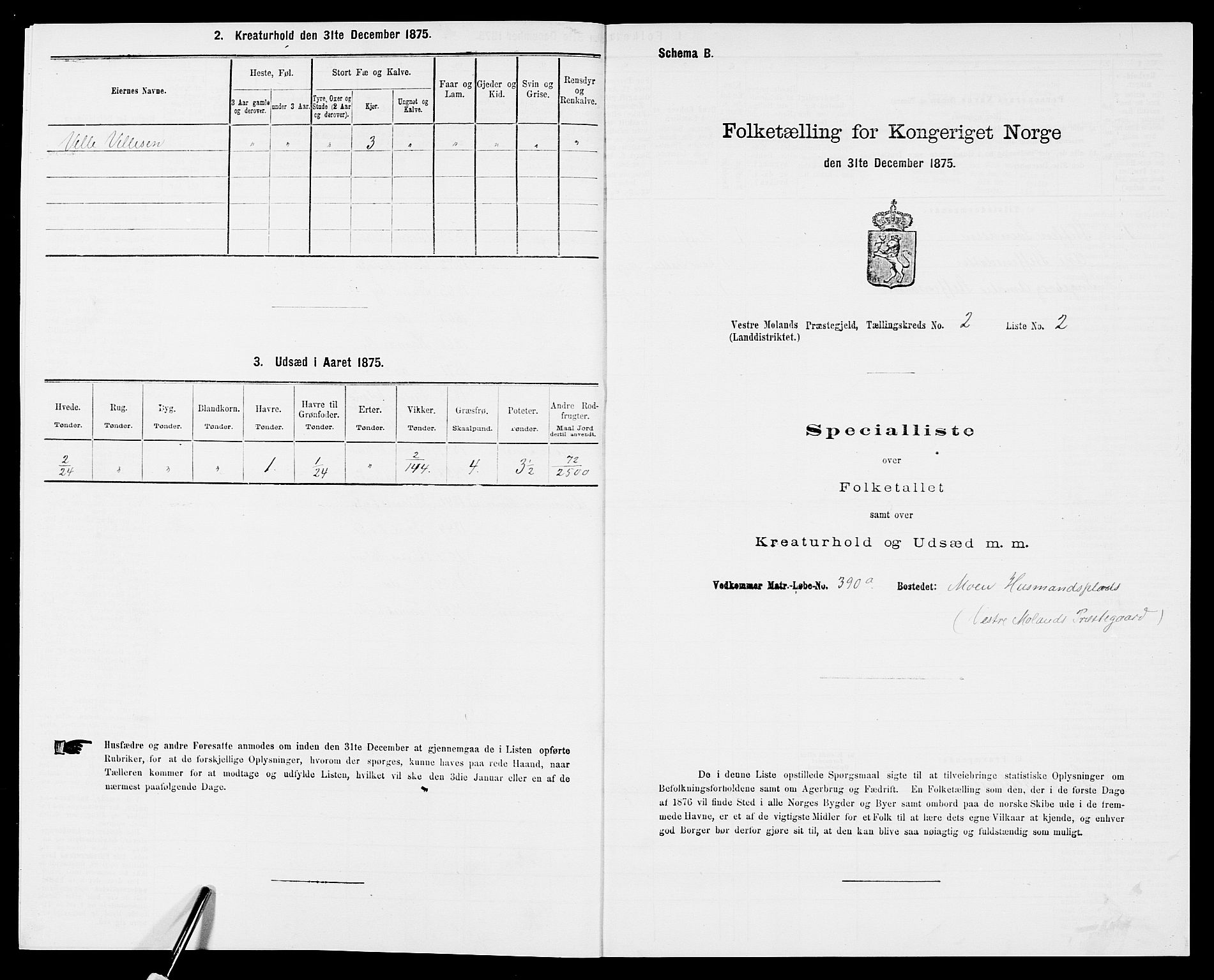 SAK, 1875 census for 0926L Vestre Moland/Vestre Moland, 1875, p. 178