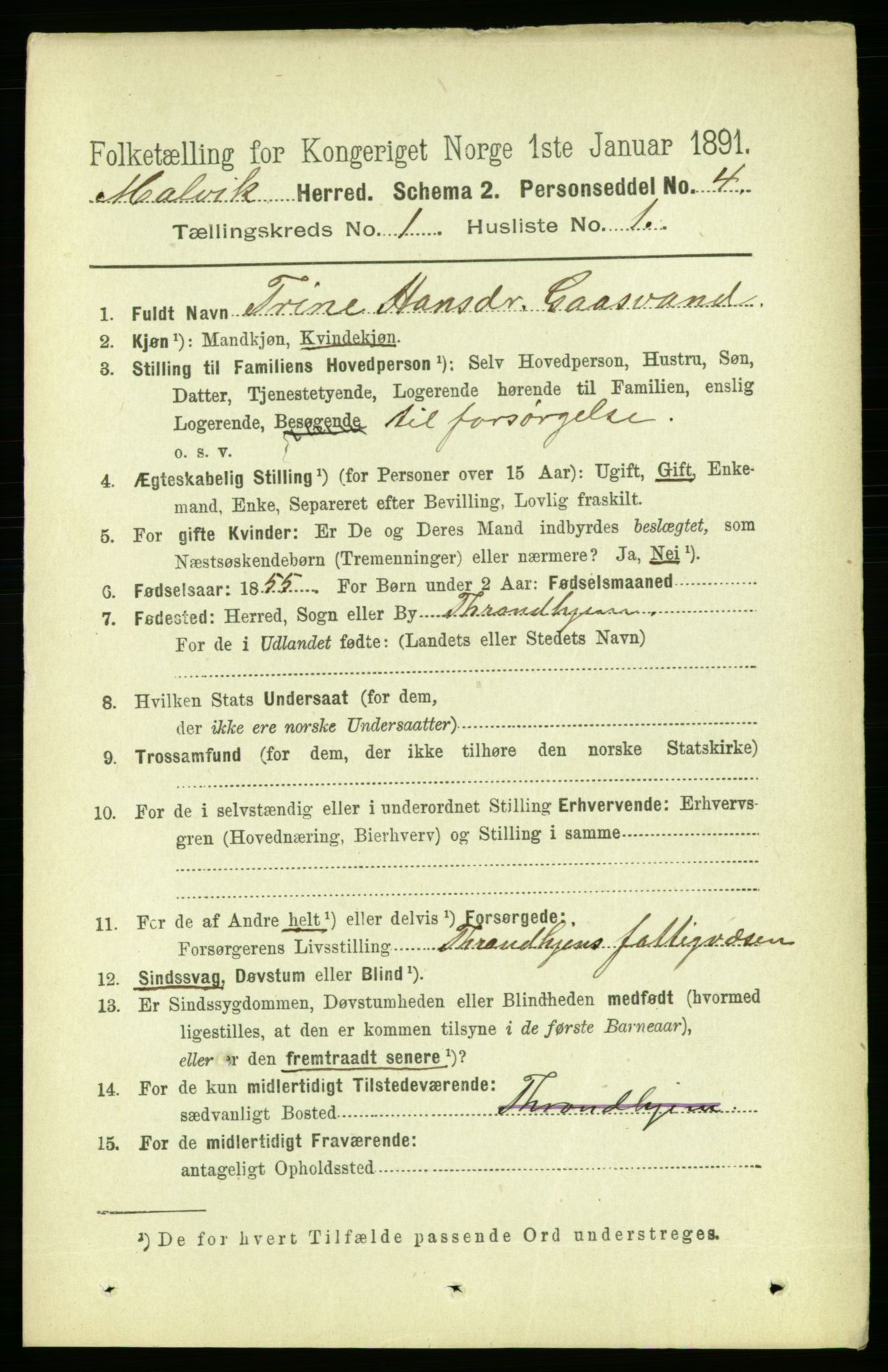 RA, 1891 census for 1663 Malvik, 1891, p. 109