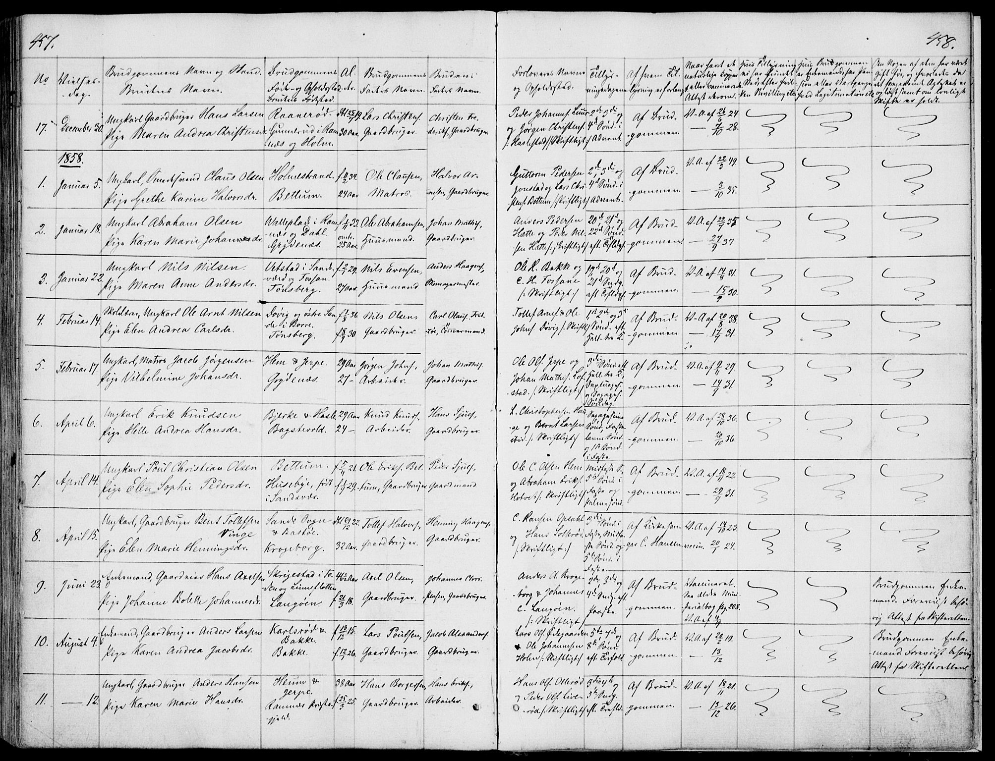 Våle kirkebøker, AV/SAKO-A-334/F/Fa/L0009a: Parish register (official) no. I 9A, 1839-1860, p. 457-458