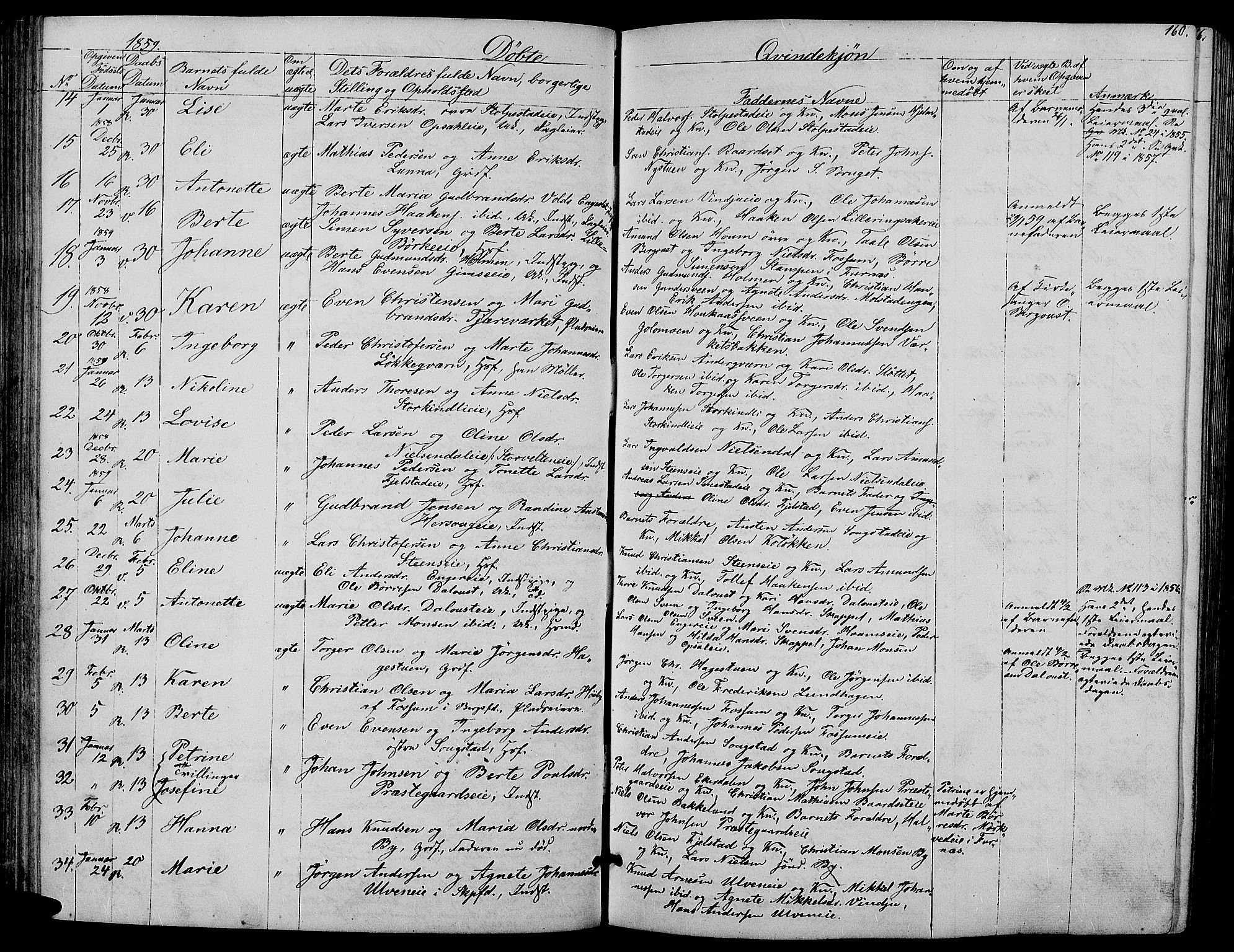 Ringsaker prestekontor, SAH/PREST-014/L/La/L0006: Parish register (copy) no. 6, 1851-1860, p. 160