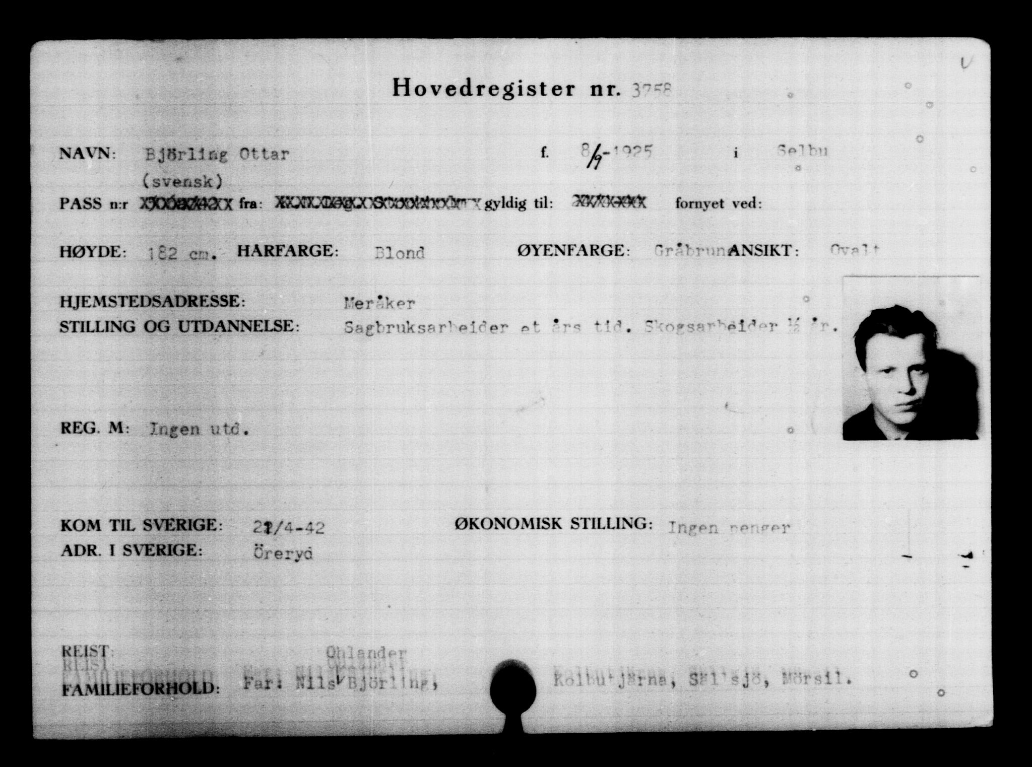 Utenriksstasjonene, Legasjonen i Stockholm, Flyktningkontoret, AV/RA-S-6753/V/Va/L0004: Kjesäterkartoteket, flyktninger med registreringsnr. 3496-6610, 1940-1945, p. 303