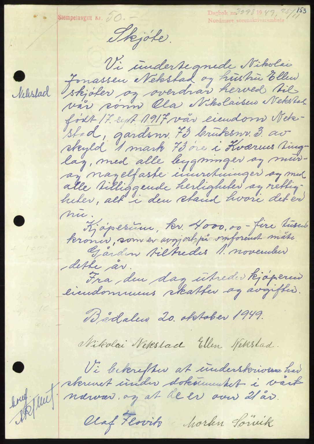 Nordmøre sorenskriveri, AV/SAT-A-4132/1/2/2Ca: Mortgage book no. A113, 1949-1950, Diary no: : 3298/1949