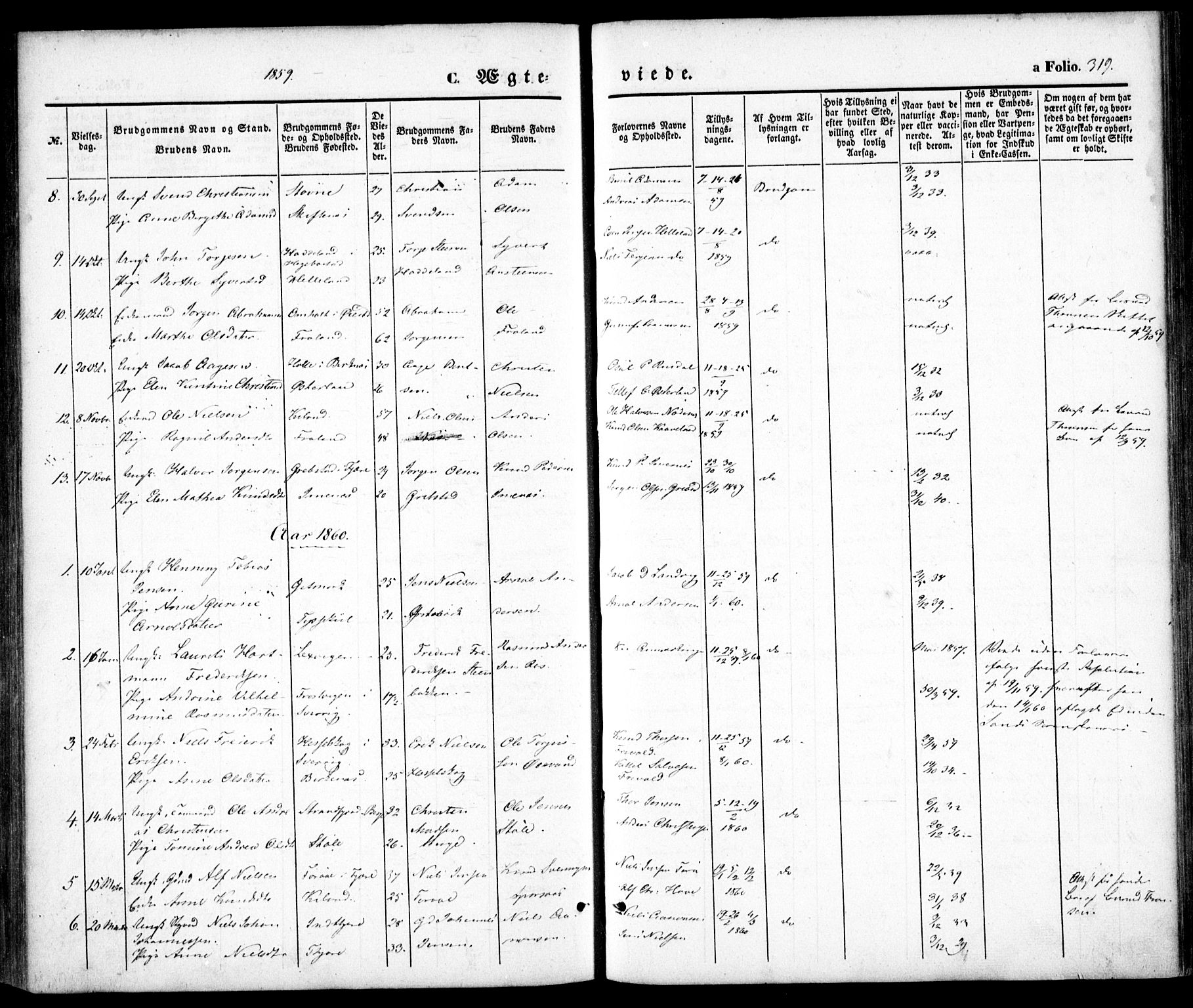 Hommedal sokneprestkontor, AV/SAK-1111-0023/F/Fa/Fab/L0004: Parish register (official) no. A 4, 1848-1860, p. 319