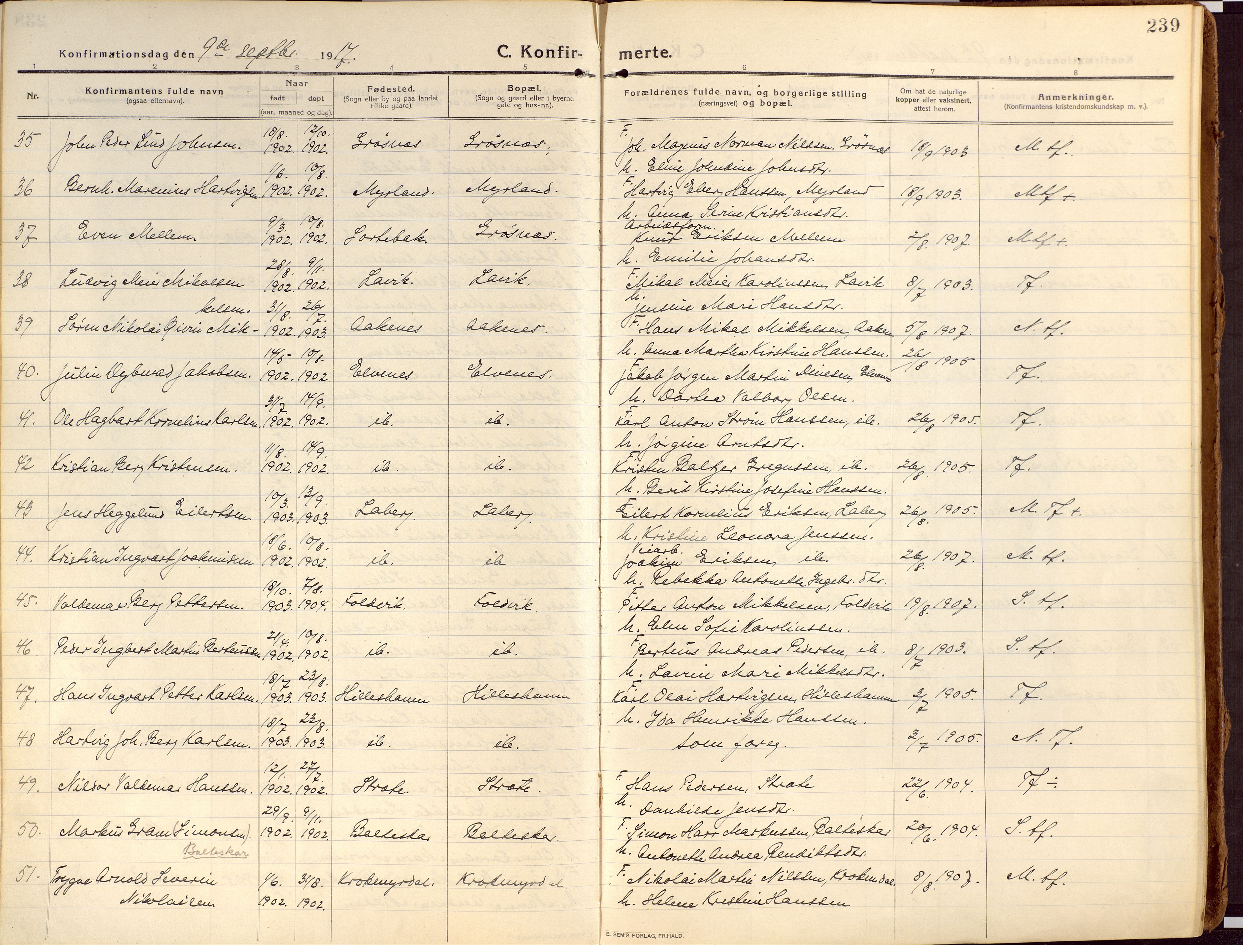 Ibestad sokneprestembete, AV/SATØ-S-0077/H/Ha/Haa/L0018kirke: Parish register (official) no. 18, 1915-1929, p. 239