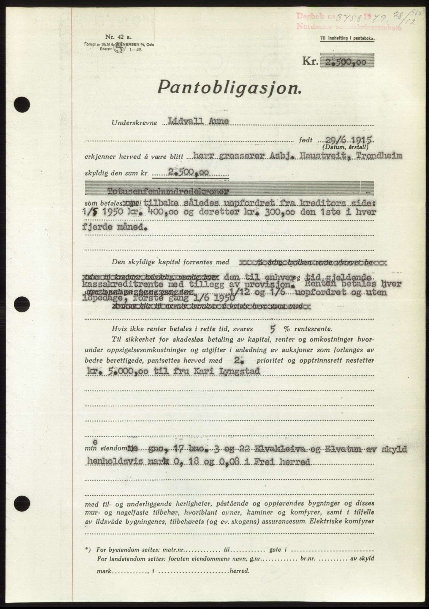 Nordmøre sorenskriveri, AV/SAT-A-4132/1/2/2Ca: Mortgage book no. B103, 1949-1950, Diary no: : 3758/1949