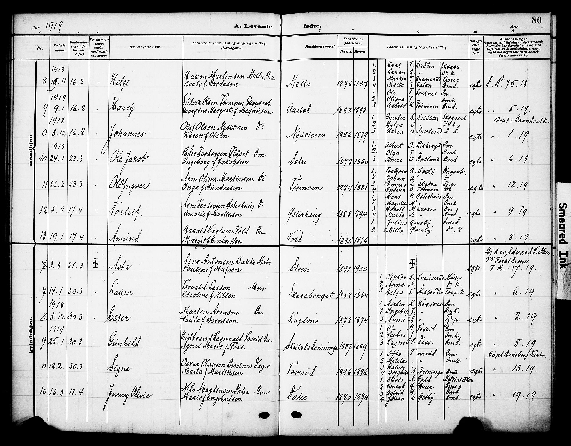 Grue prestekontor, AV/SAH-PREST-036/H/Ha/Haa/L0015: Parish register (official) no. 15, 1911-1922, p. 86