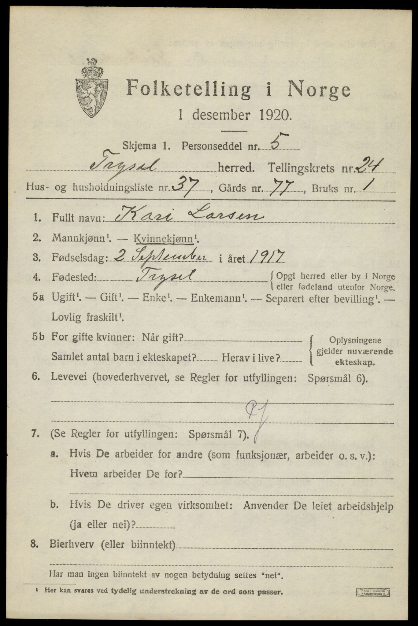 SAH, 1920 census for Trysil, 1920, p. 15673