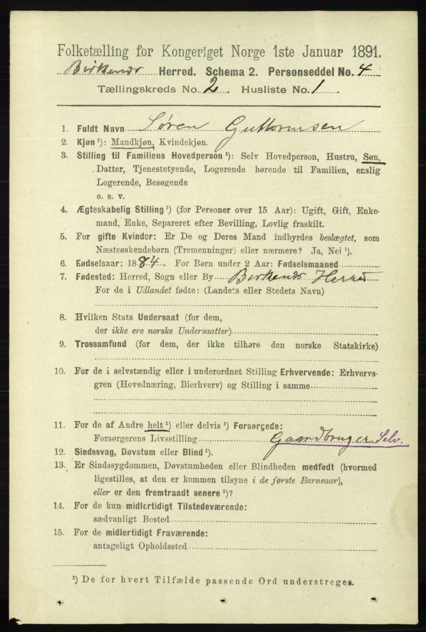 RA, 1891 Census for 0928 Birkenes, 1891, p. 503