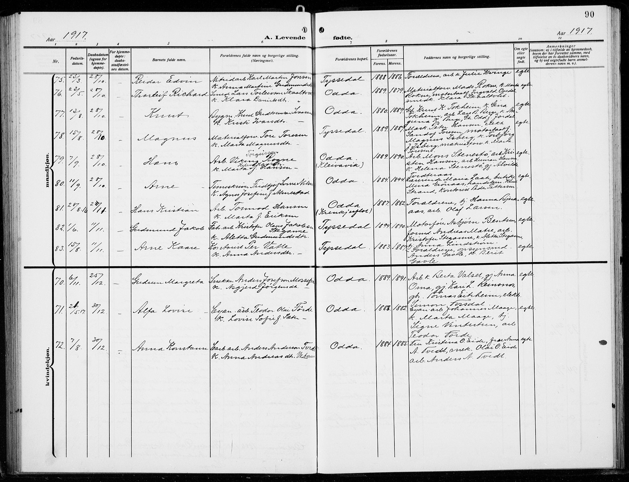 Odda Sokneprestembete, SAB/A-77201/H/Hab: Parish register (copy) no. B  2, 1910-1923, p. 90