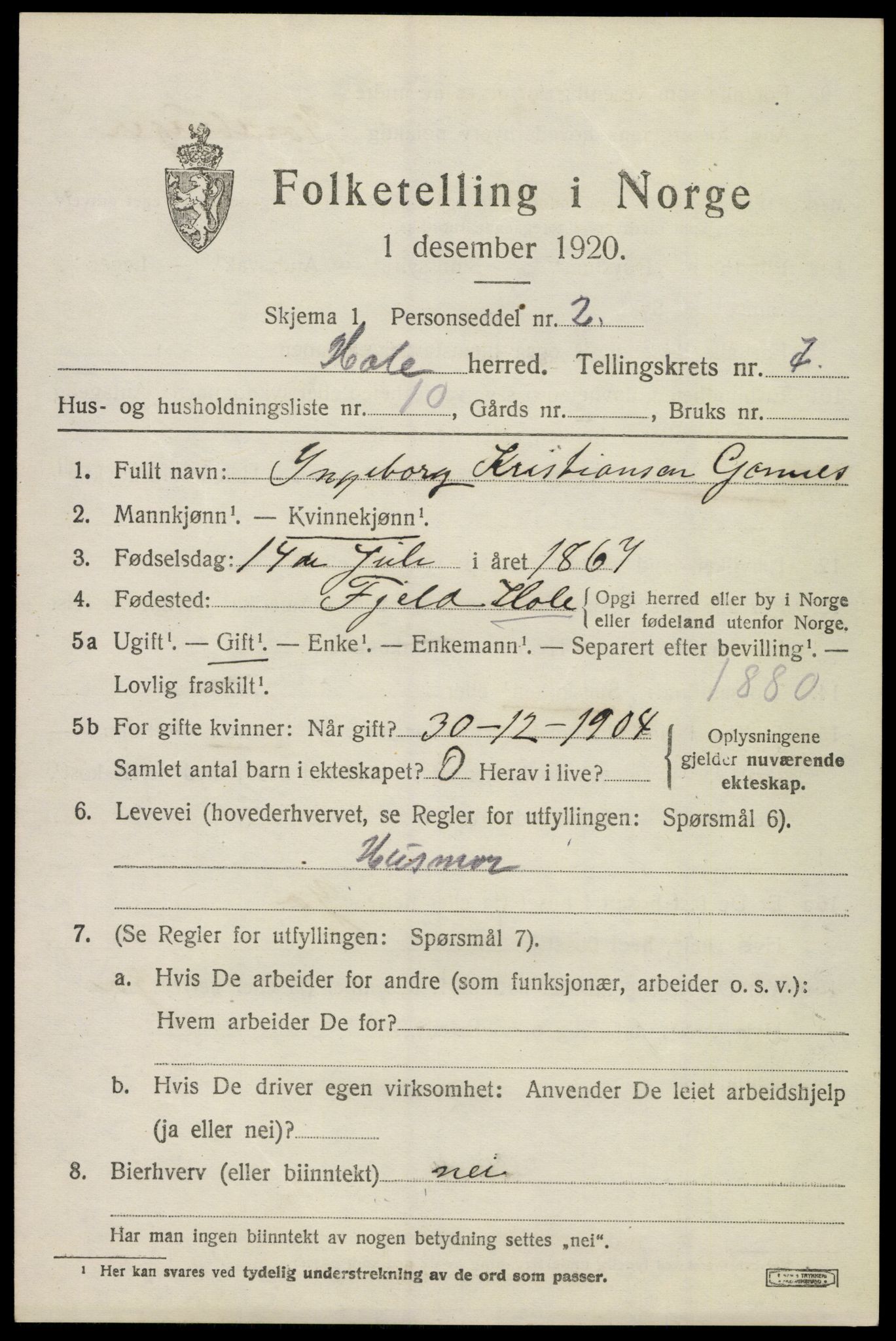 SAKO, 1920 census for Hole, 1920, p. 4457